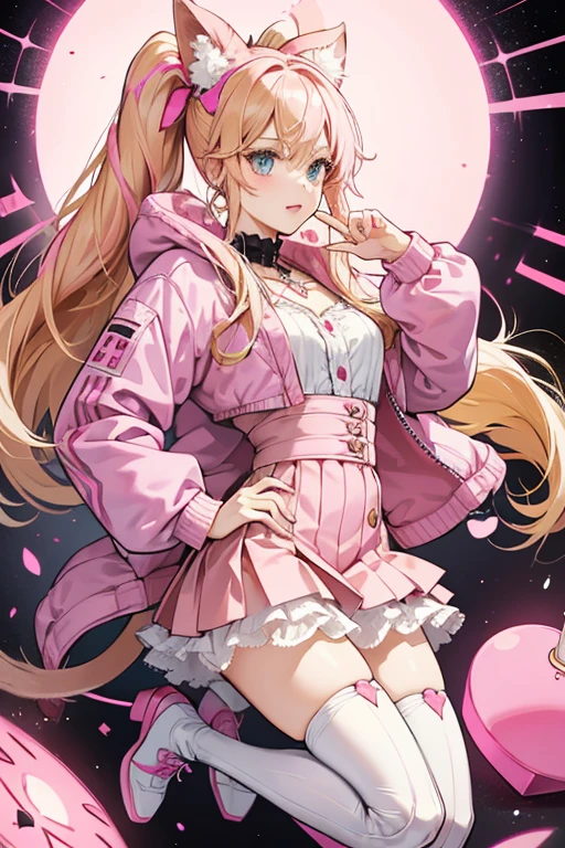 Lucky Chloe is shown to have long, possibly ankle-length blonde hair tied into two mid-centered ponytails. Lucky Chloe wears a furry, pink, bolero jacket with a white interior that continues to the underside of her arms and hands. Her name is printed on the back in a large, pink and white design with a black border. The portion of her jacket which covers her hands has a large button design on the palm and smaller buttons on all fingers but the thumb, in the style of a cat's paw. She wears the jacket over a pink and black dress with a short, ruffled skirt, with laces at the back leading to a large pink bow. Below this bow is a small, pink, heart-shaped clip which holds in place a tail. At her hips appear to be small pink speakers. She also wears black thigh-high stockings with a keyhole design in the front with a tiny heart at the top and pink knee pads, as well as a pair of pink and white high top shoes with black straps. She accessorizes the outfit with a pair of pink headphones shaped into cat ears at the top. SPARKLE; GLITTER