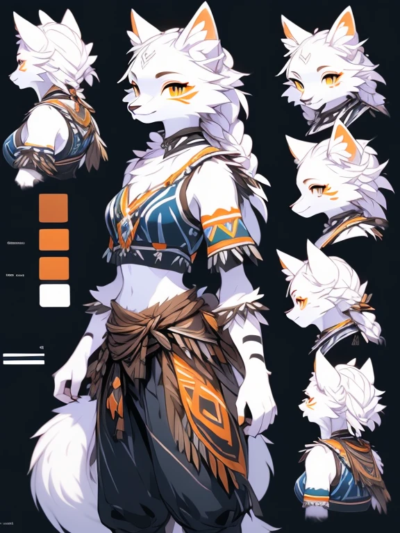 ( Absurdly , High quality , ultra detailed ) ,( hand detailed ) , 1girl, solo, mature, (concept art, character sheet), absurdres(highly detailed beautiful face and eyes)perfect anatomy Solo, sfw, Young Female white fox-cat (((lean-body))) (((breasts))) (short snout),(((fur (black stripe) between neck and shoulder towards chest))) ((fur (black stripes) on waist))(ears are darker), (heterochromia (orange, violet)), (cat tail (black at end)), (white hair (single-braided)), (fantasy adventure type clothing ((violet shirt (crop top))), (navy-blue belt) khaki pants)), happy ((looking at viewer)) ((Female wolf)) (detailed eyes) (clevedge, (collarbone, shoulders), (solo, (1girl)) ((((fluffy white fur)))) ((extremely detailed fur)) (violet crop top) ((hair in face)) (big braid), ((big breasts)), sfw, (thin long tail) (heterochromia) (extremely detailed eyes) joyful (((concept art, character sheet, (multiple views)))) ((adventure fantasy, snow tribal clothing)) (snow tribe clothing)