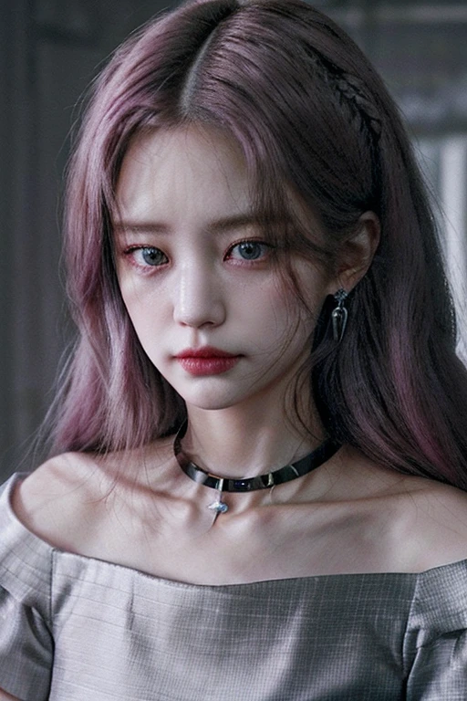 1girl,close up,potrait, pink long hair,hazel eyes,smirk,earings,collar,collar bone,grey cloth,big bosom(HD,ULTRA HD,SUPER DETAIL,HDR,16K,UNREAL ENGINE)