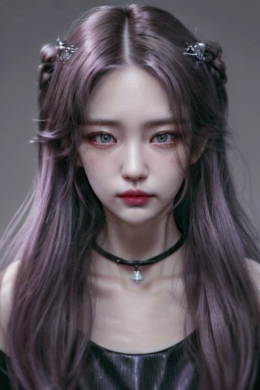 1girl,close up,potrait, pink long hair,hazel eyes,smirk,earings,collar,collar bone,grey cloth,big bosom(HD,ULTRA HD,SUPER DETAIL,HDR,16K,UNREAL ENGINE)