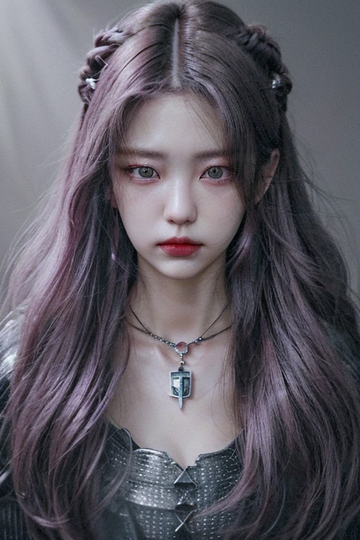 1girl,close up,potrait, pink long hair,hazel eyes,smirk,earings,collar,collar bone,grey cloth,big bosom(HD,ULTRA HD,SUPER DETAIL,HDR,16K,UNREAL ENGINE)