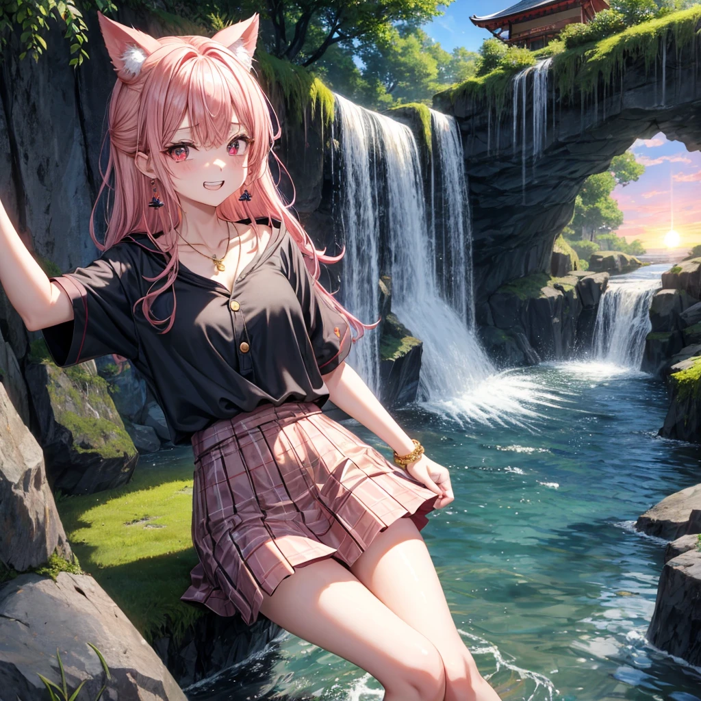 Pink gold golden hair、Red eyes、One good looking girl、solo、anime、Checkered mini skirt、The skirt has buttons、Black camisole、Black T-shirt、hoodie、Wearing a ribbon、Ribbon on waist、Crystal Earrings、Gemstone Necklace、Light and shadow、Tilting face、Teeth are visible、waterfall、waterfallの裏側、Torrent、tunnel、Sunset sky、moss、isolated island、Hell&#39;s Gate、Blue flame