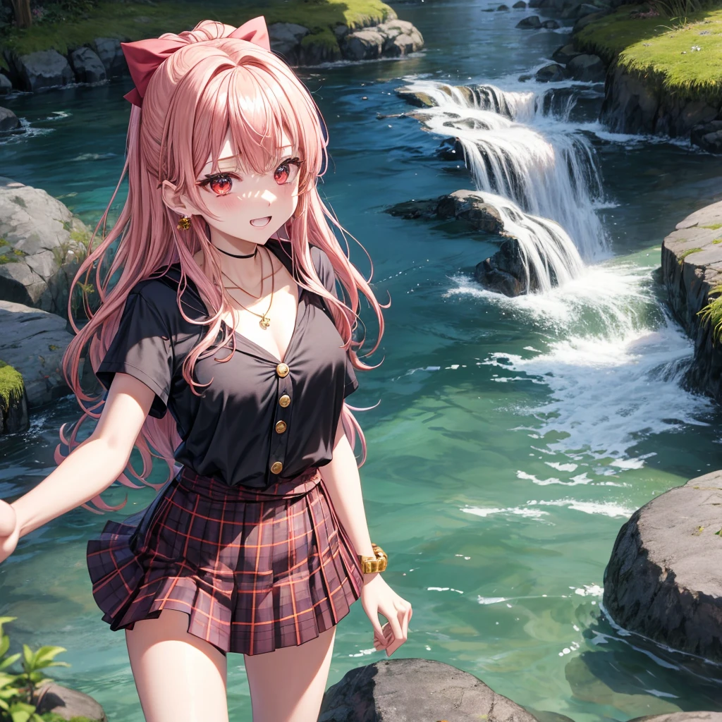Pink gold golden hair、Red eyes、One good looking girl、solo、anime、Checkered mini skirt、The skirt has buttons、Black camisole、Black T-shirt、hoodie、Wearing a ribbon、Ribbon on waist、Crystal Earrings、Gemstone Necklace、Light and shadow、Tilting face、Teeth are visible、waterfall、waterfallの裏側、Torrent、tunnel、Sunset sky、moss、isolated island、Hell's Gate、Blue flame