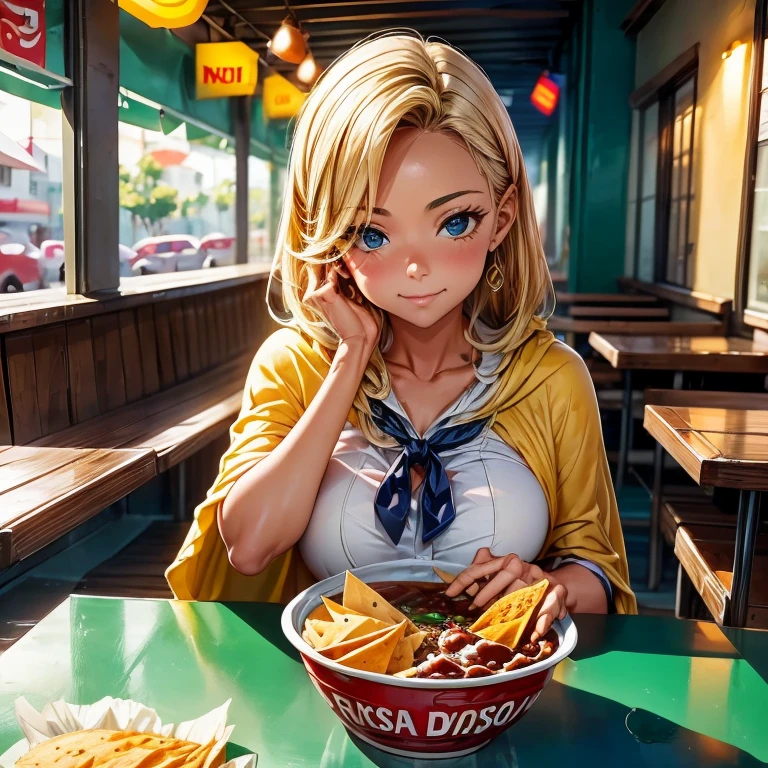 Woman wearing a poncho eating tacos, tortillas and nachos at a Mexican food stall　highest quality　Corona beer and tequila on the table