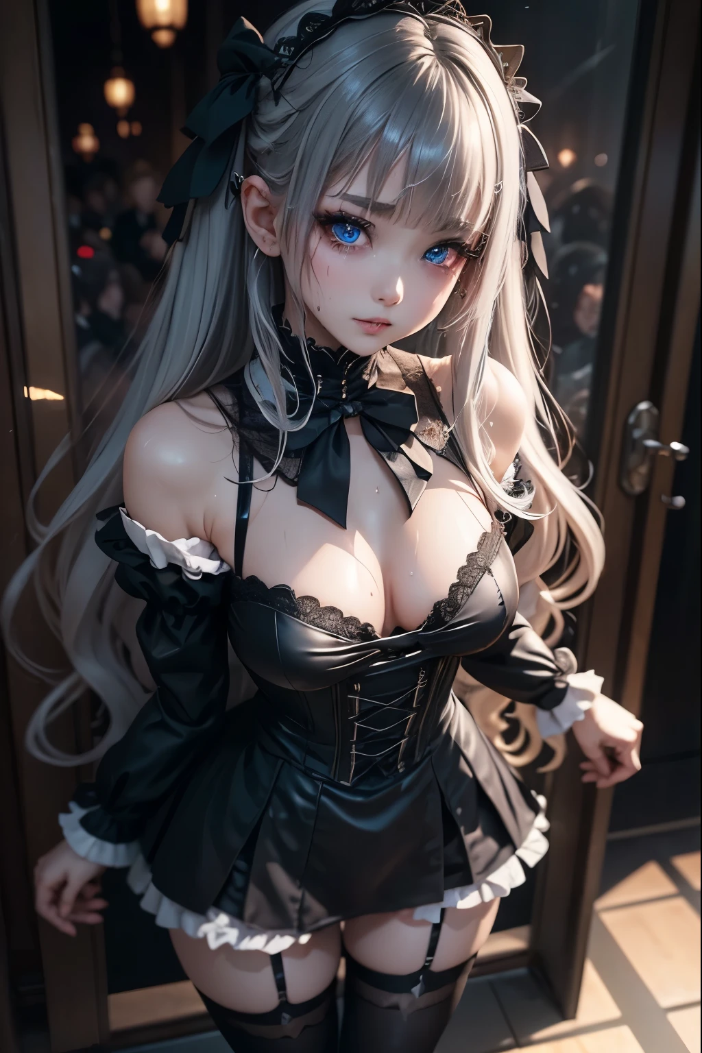 ハードDark Gothicメイク、Deep Night Sky、Horror、Black dark eyeshadow、cry、sad、Good skin radiance、Dark Gothicメイク、Dark smile、palace、The beauty of fragrance、24-years-old、Expression of intense sexual pleasure、Embarrassed look、Dark Gothic、Obscene language、highest quality、Expression of sexual pleasure in suffering、Drunk face、紫のMaid clothes、Mysterious、Noble、A face that is holding back the toilet、sexy、Loving smile、Twin tail hair、jet black ruffle skirt、Right blue eye, Left eye is red、Super bewitching pose、Platform Heel Shoes、Heavy makeup、Gothic ta Clothing、A little slimmer、Silver Hair、Long Hair Straight Hair、Cute Gothic Loliress、Beautiful Face、elegant features、Fascinating face、Knee-high socks、Stained glassが背景、Chest glistening with sweat、The room is dark、goth long dress、Bell Sleeves、Wizard Sleeve、decadent look、Sexually excited expression、Gothic Mode、Glossy thighs wet with water、Thighs that are wet and shiny with oil、Background of a room full of roses、sad表情、Rose Maiden、The embroidery is pink、The dress has pink embroidery、Thigh-high socks、Knee-high socks、Gentle expression、Dark black eyeshadow、despicable act、Stained glassと薔薇背景、The lower half of the body is wearing a black bikini swimsuit.、thighs are a little thin、Female Duo、Female couple、A blue lightning bolt glows in her right hand.、Blue electromagnetic waves shine in my hands.、dark church background、Stained glass、black metal world、Dark Castle、Dark Room、Slender body、upright、walk、Are standing、gothic long dresaid clothes、Victorian dresses、Her thighs glisten with sweat、My body is wet and shiny、Lots of glitter on the thighs、sweating、My thighs are sticky from sweating、Sweat glistens on the thighs, The whole body is sweaty and shiny、pretty sweaty、My thighs are sweaty、My thighs are so wet、My thighs are shining with sweat、A lot of sweat glistens all over the body、The thighs are the best、Black bikini bottoms、