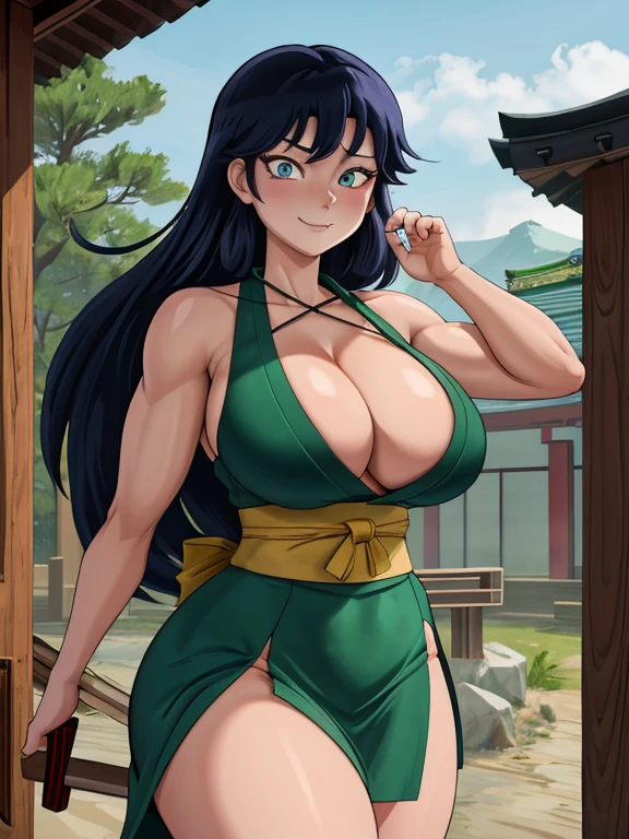 masterpiece, best quality, 1girl, solo, Kagome Higurashi, 25 years old, matured face, beautiful detailed eyes, ultra detailed eyes, extremely detailed face, large breasts, cleavage, very busty, big hips, strong muscles, athletic physique, She stands tall while wearing a green Kunoichi dress. she's looking directly at the camera with an confident smirk. Her gaze is both alluring and fierce as she is in a fighting stance. cowboy shot, Perfect Anatomy,(Professional Lighting), 4k textures, epic artistic, sharp focus, even lighting, insane details, intricate details, hyperdetailed, rich colors, BREAK Outdoors, forest, Japanese architecture in the background
