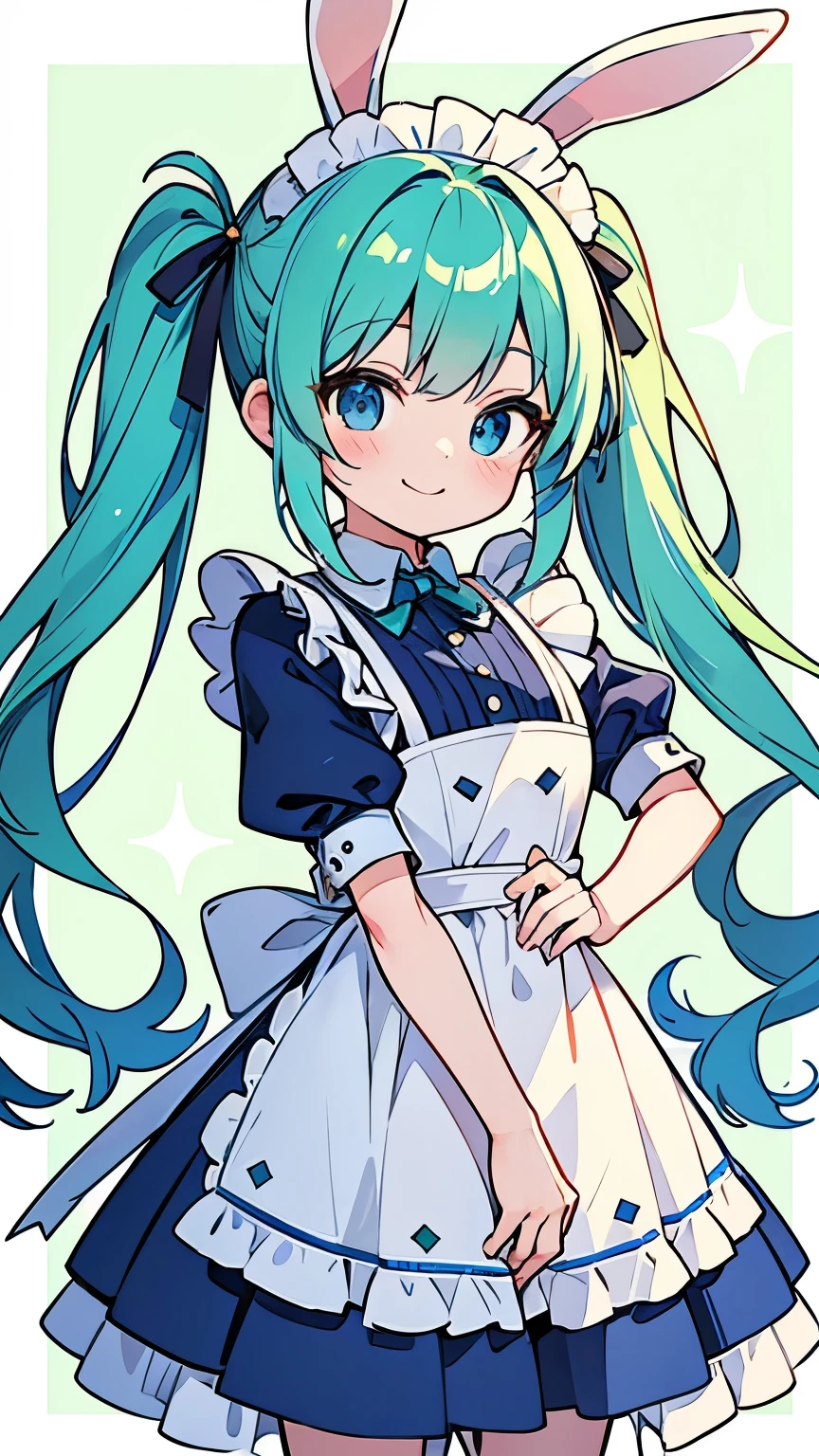 High resolution、highest quality、masterpiece、Blue-green hair、Small twin tails、Bunny ears、Light blue eyes、smile、Maid clothes、Angel&#39;s wing、A cute and sly expression、Half a heart in your right hand