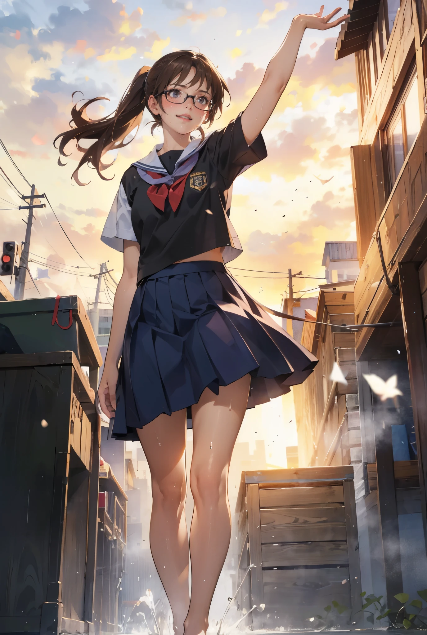(super flat, flat shading), Honors Type, Really blushing, 17 years old, high school girl, wearing short sleeves school uniform:1.5, skirt fluttering in the wind, Loafer, ponytail brown hair, Glasses, sweaty healthy body, sweaty soaking wet full body, smile, bare legs, armpit, ultra realistic, early morning, breeze, (standing:1.2), (from below:1.5), in crowded public street, 