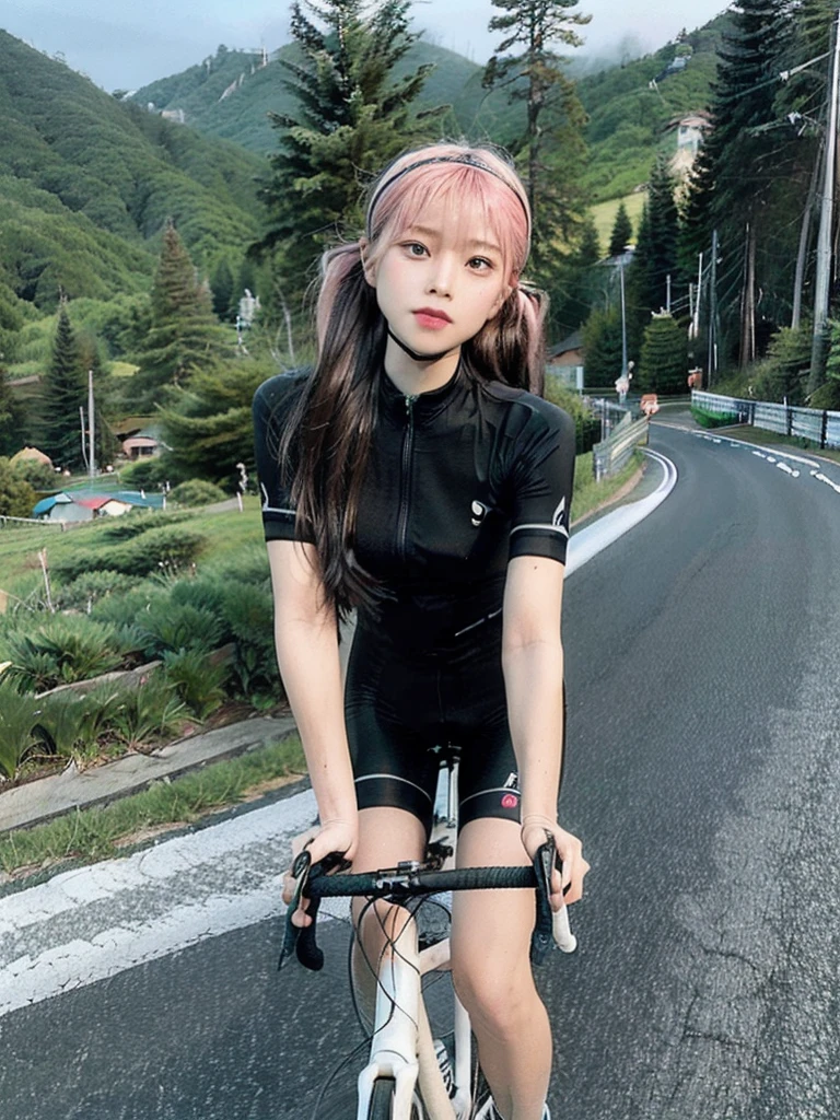 (((masterpiece))), (((best quality))), (((Ride a road bike))), downhill, steep slope, eye mask, earphone, Cycling shorts, wind, Speed line effect, alone, 1 girl, ribbon, long hair, Split, big , Shy. blush,