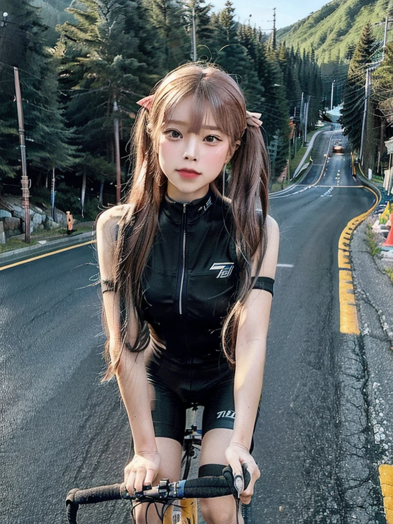 (((masterpiece))), (((best quality))), (((Ride a road bike))), downhill, steep slope, eye mask, earphone, Cycling shorts, wind, Speed line effect, alone, 1 girl, ribbon, long hair, Split, big , Shy. blush,