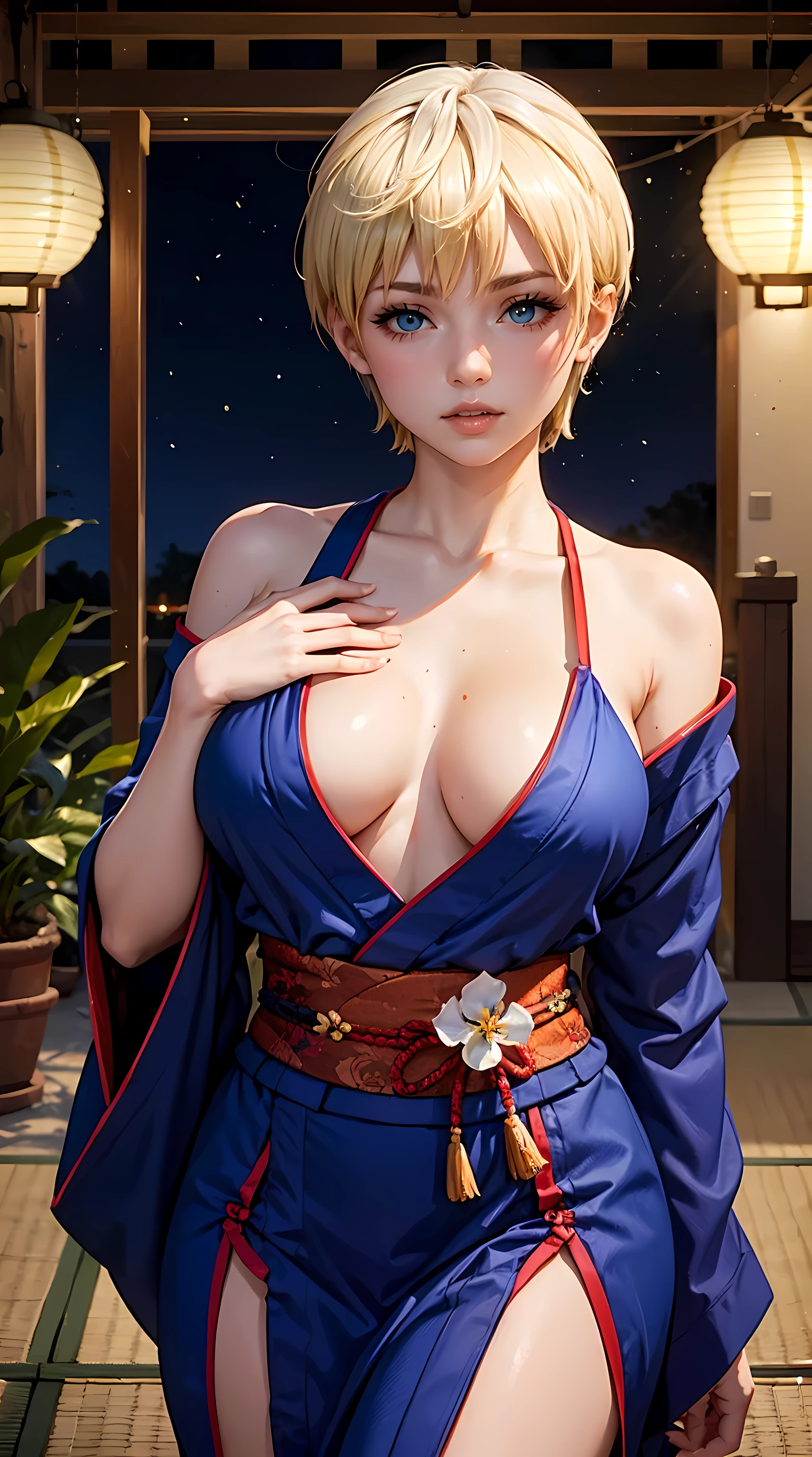 Beautiful short blonde hair woman is shown to have a sexy figure, she is wearing a kimono, sexy look, flower in hair, blue eyes, girl watching a lantern show ,sexy session, sexy pose, cowboy shot, superior quality, many details, realistic