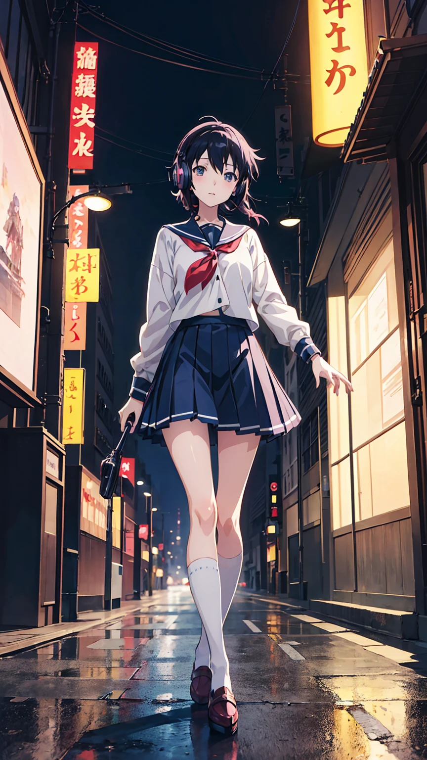 アニメの女の子 with headphones walking down the street in a , Beautiful anime school girl, Cute girl anime visuals, Kantai Collection Style,Manga style illustration, Official Art, an anime girl, Surreal , In the style of Makoto Shinkai, Digital anime illustration, young anime girl, Shibuya Ward、Blurred Background, Pencil Art