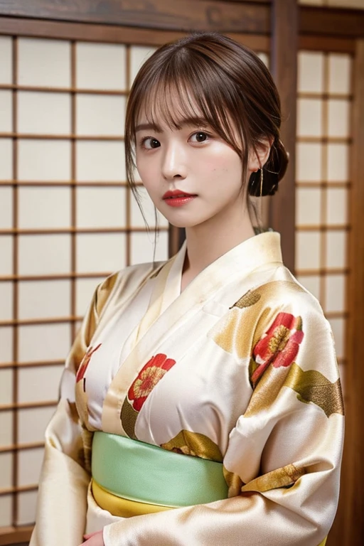 (highest quality, 4K, 8k, High resolution, Tabletop:1.2), Brown Hair、Short braided hair。Her breasts are beautiful and large。Write the opening sentence in Japanese。in kimono。