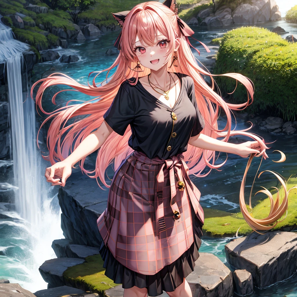 Pink gold golden hair、Red eyes、One good looking girl、solo、anime、Checkered mini skirt、The skirt has buttons、Black camisole、Black T-shirt、hoodie、Wearing a ribbon、Ribbon on waist、Crystal Earrings、Gemstone Necklace、Light and shadow、Tilting face、Teeth are visible、waterfall、waterfallの裏側、tunnel、Sunset sky、moss、isolated island、Hell's Gate、Blue flame