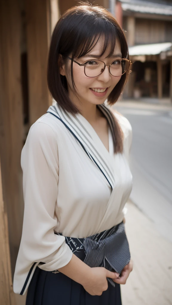 ((Top Quality)), ((8K)), ((Masterpiece: 1.3)), (Perfect Appearance), (Photorealism: 1.6), (Japanese woman standing in an old Japanese townscape: 1.6), (Kyoto), (clear background), japanese woman, (48 years old), ((Standing upright, facing forward, center of screen)), ((Realistic skin texture)), (Fine wrinkles throughout the skin: 1.3), (Dull skin: 1.1), (Skin without moisture: 1.2) , (Wrinkles on the face: 0.9), (Wrinkles on the corners of the eyes: 1.2), Double eyelids, tear bags on the lower eyelids, (Crying moles: 0.9), The eyes are looking here, serious gaze, (Dimples: 1.2), (round glasses with elaborate metal frames), smile with the corners of the mouth raised wide, straight medium length, soft fabric blouse, (through white blouse: 1.3), (Plump and glamorous body), (wide sleeves), (Cuffs that fit your wrist), (The hem of the blouse is tucked into the skirt: 1.2), flare skirt, high heels, (focus on upper body: 1.3), (low angle: 1.4),
