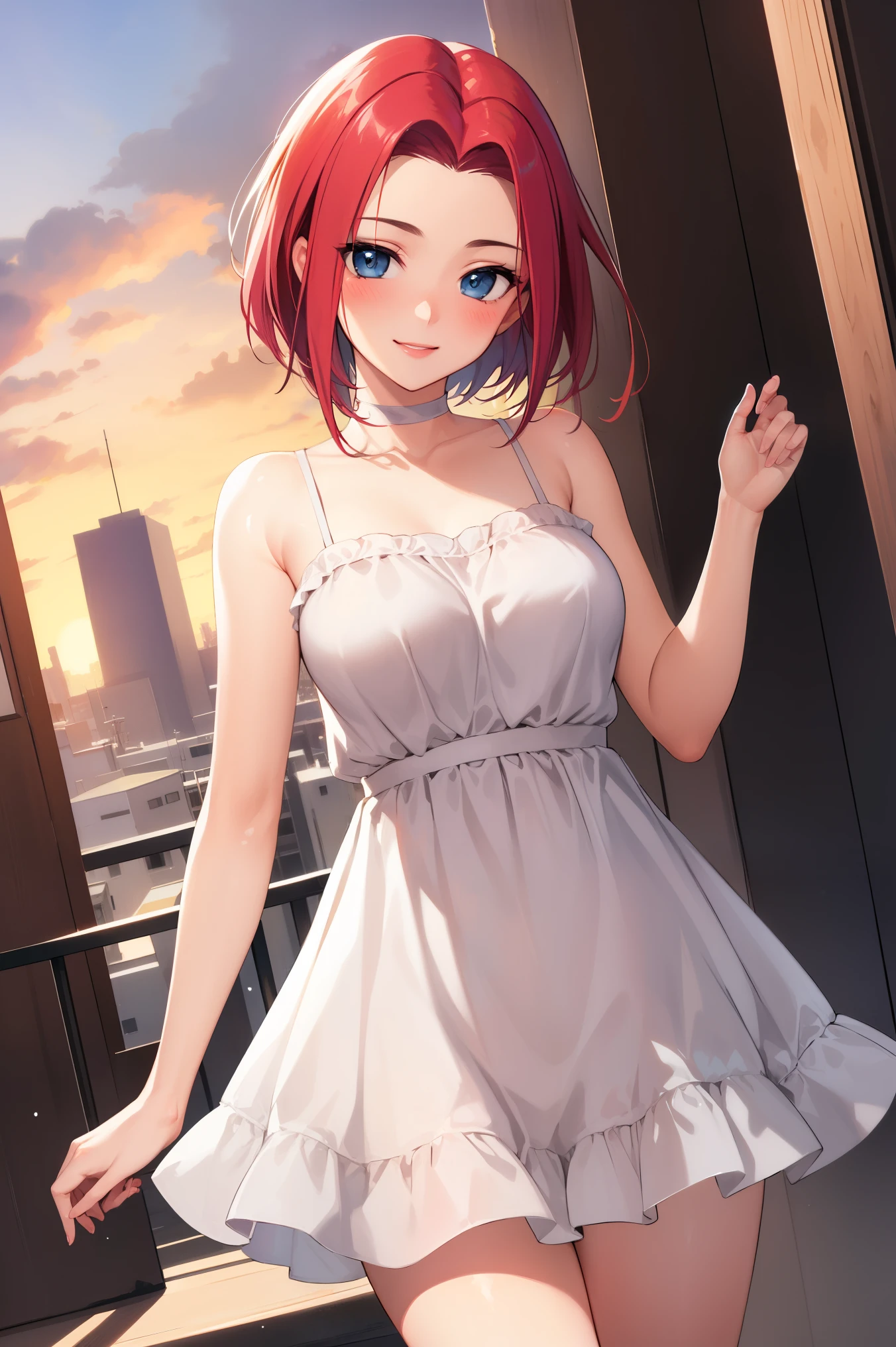 (masterpiece, best quality:1.2), kallen stadtfeld, blue eyes, red hair, short hair, sundress, cowboy shot, dynamic angle, solo, 1girl, smile, blushing, looking at viewer, city street, daylight, dynamic pose,