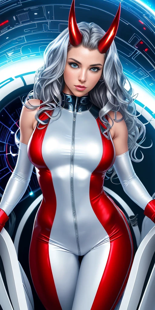 woman in her 20s (perfect face), defined jawline, beautiful lips (beautiful bright blue eyes) (long wavy bouncy silver hair) (RED skin:1.3) (perfect anatomy) (athletic body) (sexy) (perfect hands) (oni horns) (white futuristic sleeveless body suit, RED accents), (looking at viewer), (medium shot photograph), (spaceship cockpit background) photorealistic