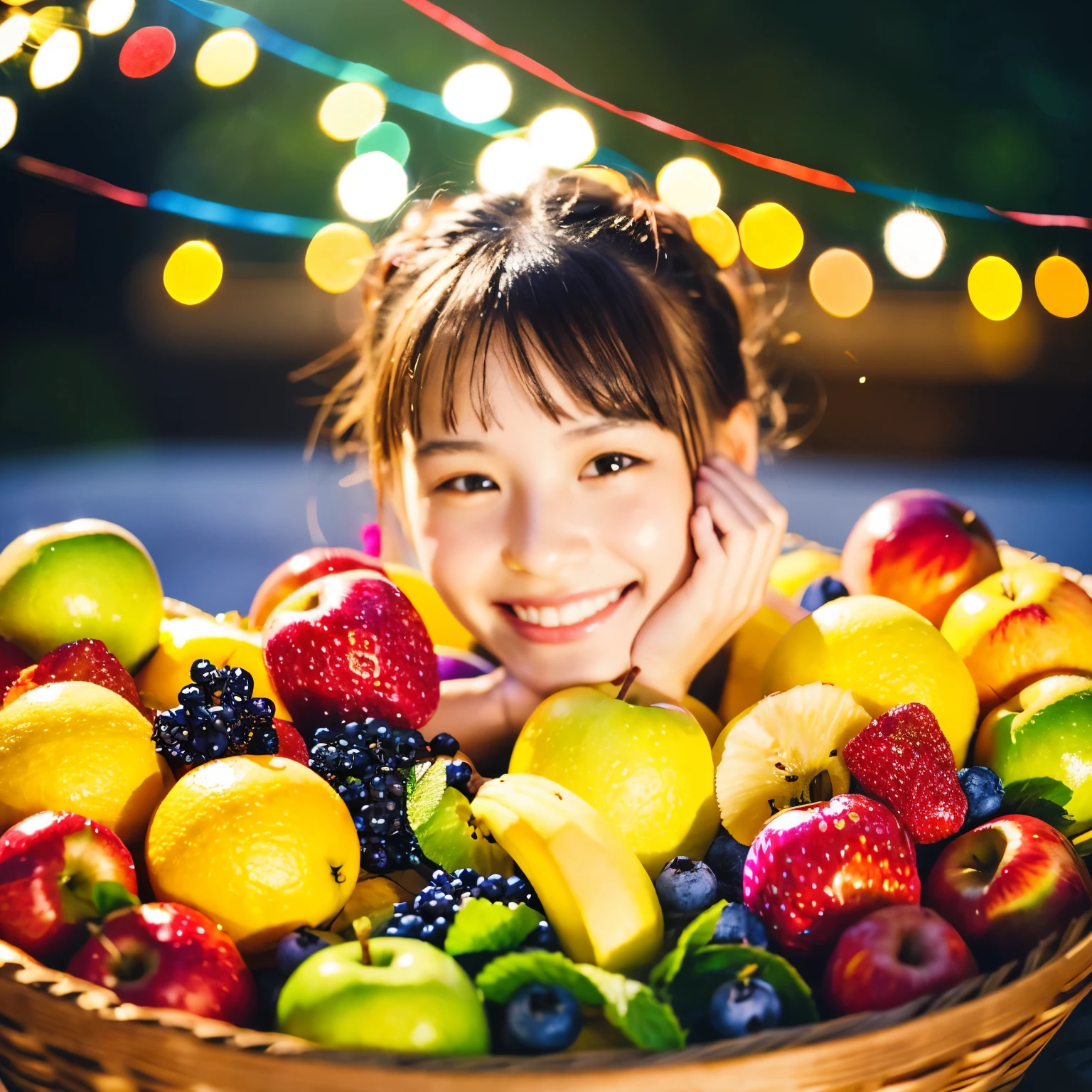 (masterpiece:1.2), (best quality:1.2), (raw photo),
dappled sunlight, dramatic lighting, (In the center, a celebrating beautiful girl smiles),
Colorful fruits fill the screen in a glittering display. apple, blueberry, banana, orange, strawberry, raspberry, melon, peach,