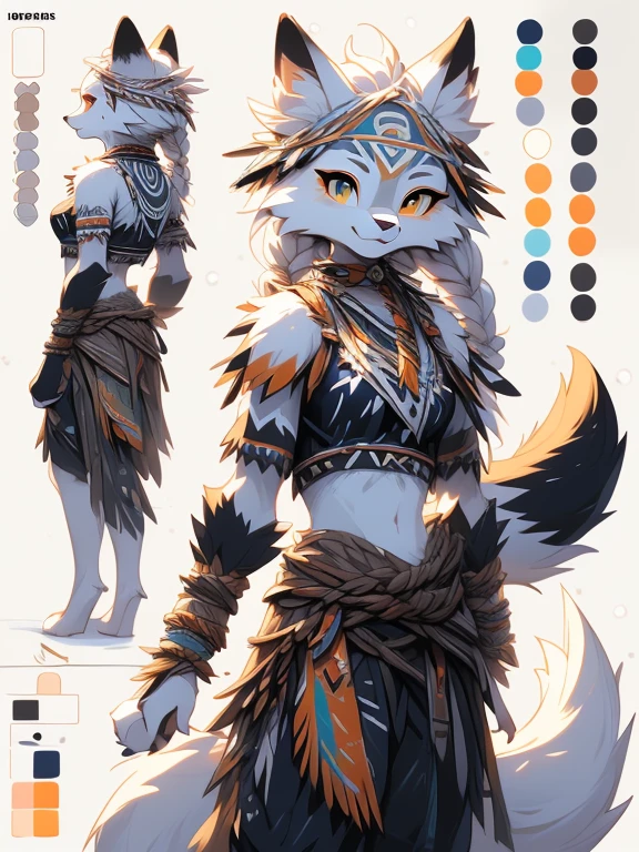 ( Absurdly , High quality , ultra detailed ) ,( hand detailed ) , 1girl, solo, , (concept art, character sheet), absurdres(highly detailed beautiful face and eyes)perfect anatomy Solo, sfw, Young Female white fox-cat (((lean-body))) (((breasthort snout),(((fur (black stripe) between neck and shoulder towards chest))) ((fur (black stripes) on waist))(ears are darker), (heterochromia (orange, violet)), (cat tail (black at end)), (white hair (single-braided)), (fantasy adventure type clothing ((violet shirt (crop top))), (navy-blue belt) khaki pants)), happy ((looking at viewer)) ((Female wolf)) (detailed eyes) (clevedge, (collarbone, shoulders), (solo, (1girl)) ((((fluffy white fur)))) ((extremely detailed fur)) (violet crop top) ((hair in face)) (big braid), sfw, (thin long tail) (heterochromia) (extremely detailed eyes) joyful (((concept art, character sheet, (multiple views)))) ((adventure fantasy, snow tribal clothing)) (strands of hair in face) (snow tribe clothing) (motherly figure)