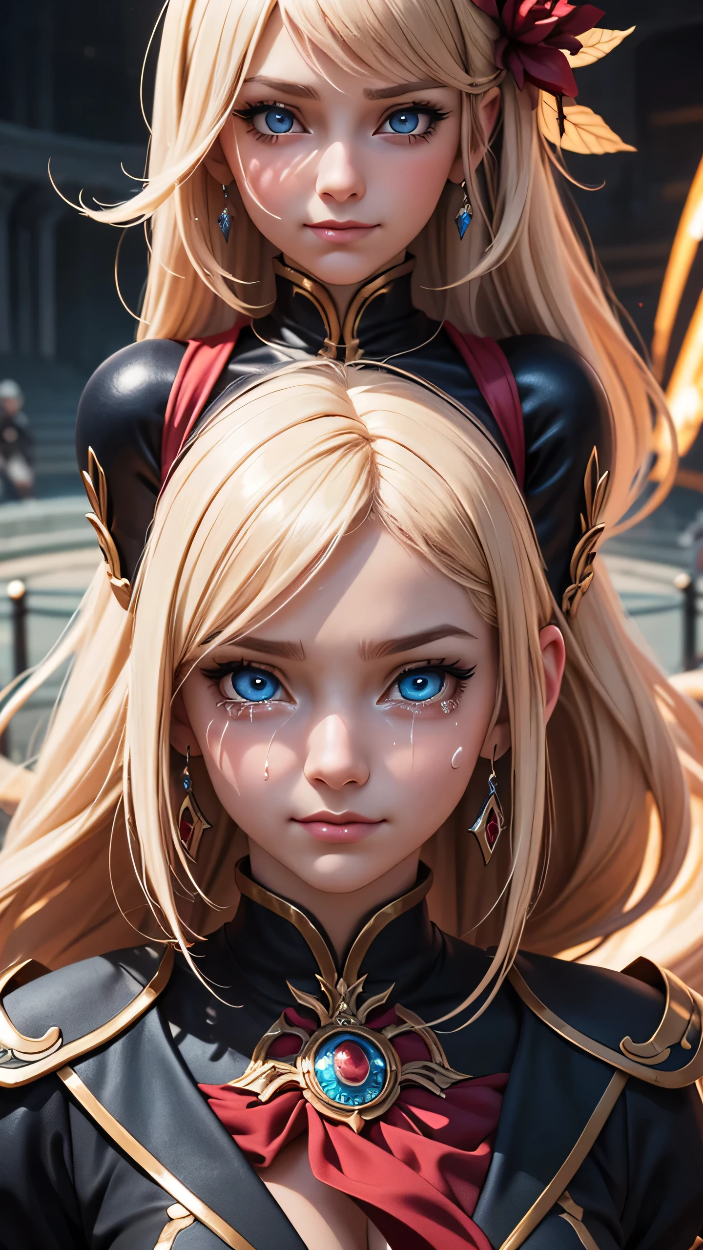 there is old broken an dusty coliseum arena, on arena stand mechanical doll, she look like women with beautiful face, and a crack on her face under left eye, she have blue eyes long blond hair with pink highlights, dressed in old thorn red dress and highheels boots. she smile but there is tears on her sad eyes, (ultra high quality fantasy art, dark fantasy style, masterpiece, ultra highquality character design, 8k quality anime art, top quality wallpaper illustration, detailed ultra high quality acurrate face, highquality design and acurate physic )
