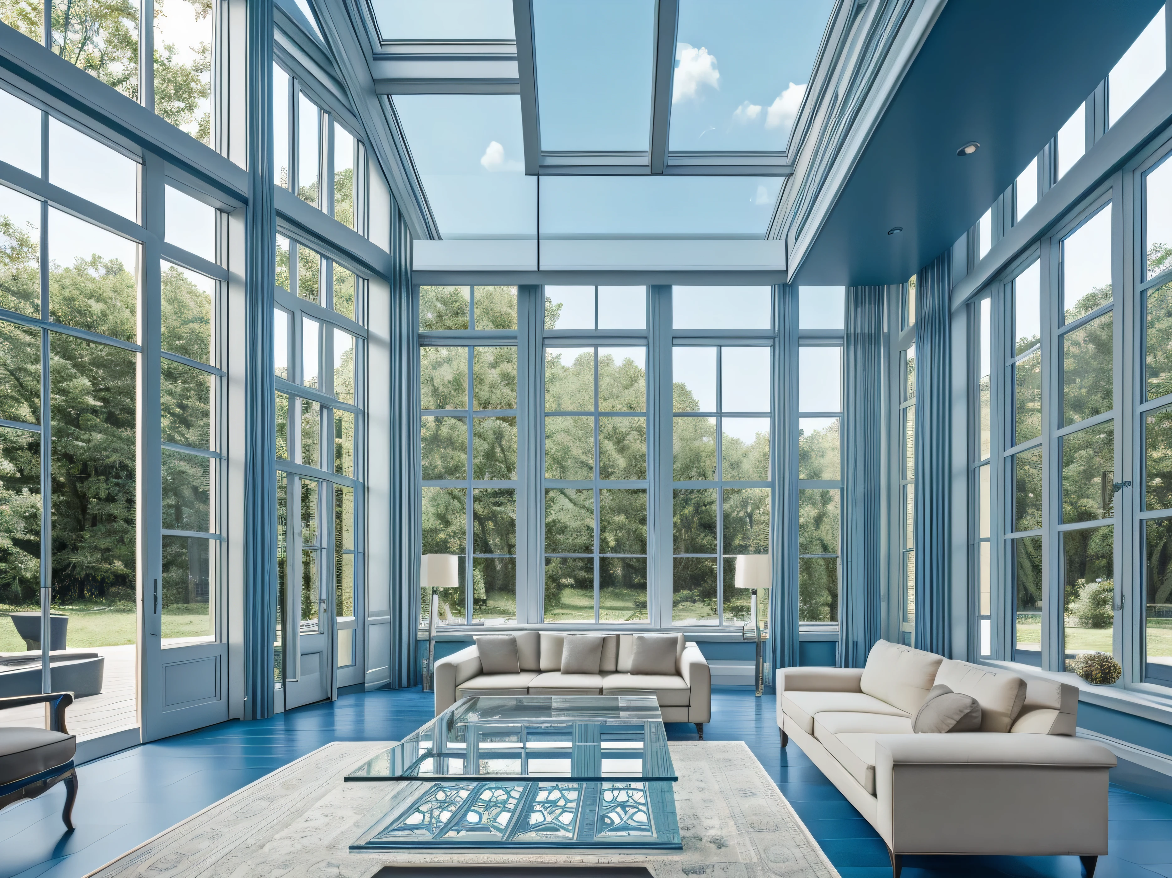 A luxurious interior space with a (((large glass window))), its panes composed of intricate ((square and hexagonal tessellations)) that create a softly diffused light that filters through into the room, giving off a delicate, weak (transparent blue glow)