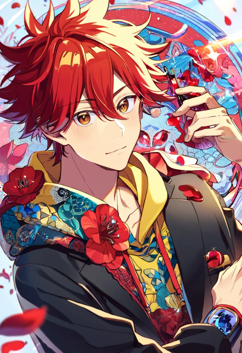 Ultra detailed, Highres, absurdres, HDR, Kyan Reki, red hair, master piece, expressive brown eyes, Sk8 the infinity, blue band, red flowers, red ice, petals, extremely handsome, sexy man, perfect face, solo, very detailed eyes and face, red glass, glittering, patterns, yellow hoddie, black jacket, black pants,