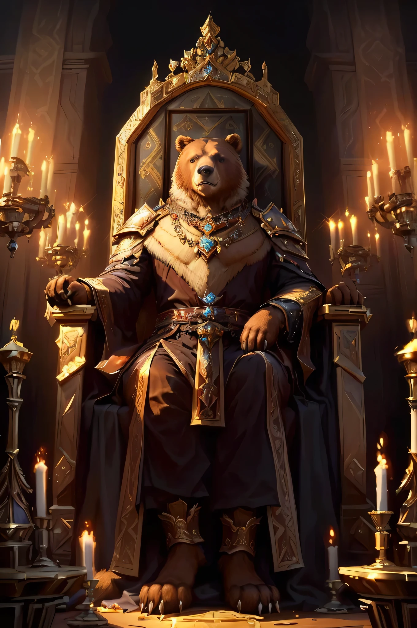 a bear dressed in a regal outfit sitting on a throne, portrait of anthropomorphic bear, wojtek fus, sitting in a gilded throne, epic fantasty card game art, an epic majestical degen trader, furry fantasy art, by Adam Marczyński, sitting on a golden throne, hearthstone card art, hearthstone card game artwork. ”