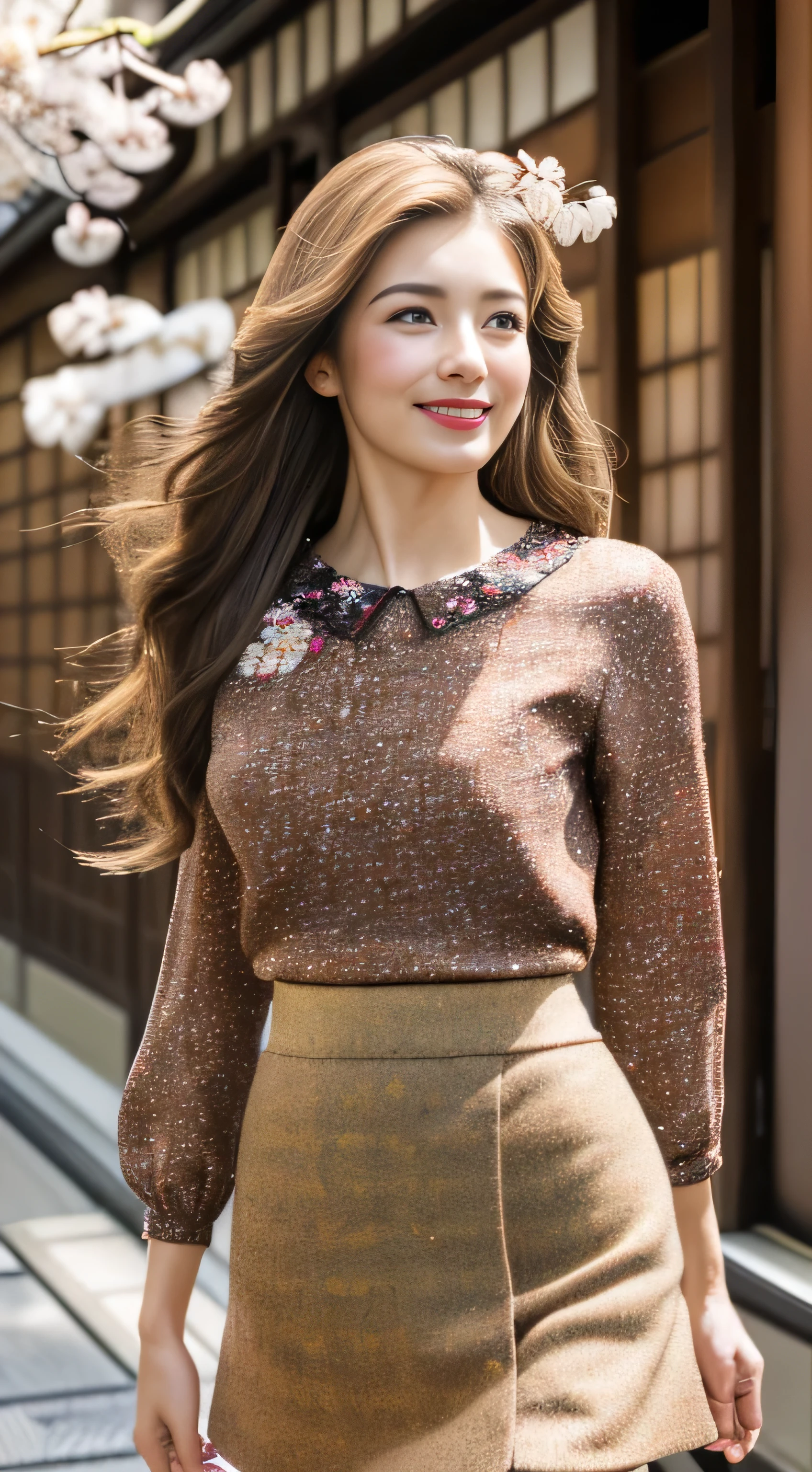 ((highest quality, 4K, masterpiece: 1.3)), Beautiful woman with perfect figure: 1.4, (Abdominal muscles, Developed hand muscles: 1.2), Light brown hair, Highlighted Hair、Fashionable blouses、Fashionable skirts, Highly detailed face and skin texture, Detailed eyes, double eyelid､((wearing Floral blouse_Brown tweed mini skirt:1.3)),((Long straight hair_Hair reaching down to the waist:1.3))((full figure supermodel standing, entire body in frame:1.4)((walking in Kyoto with cherry blossoms:1.4))((A shy smile:1.3)),