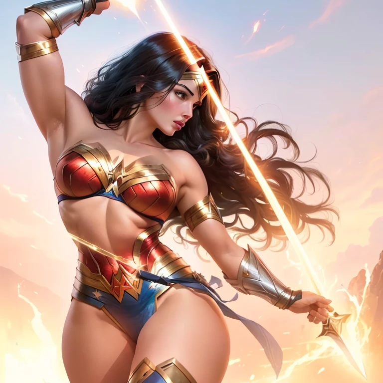 4k, digital drawing, Comic Babes, a close up of a woman in a bikini with a sword, wonder woman, sexy painting by gal gadot, gal gadot hybrid, gal gadot as lord of hell, portrait of wonder woman, artgerm comics, beauty comic art, bodybuilder superhero bikini, zenoscope, DC Comics art style, lasso, the princess of power