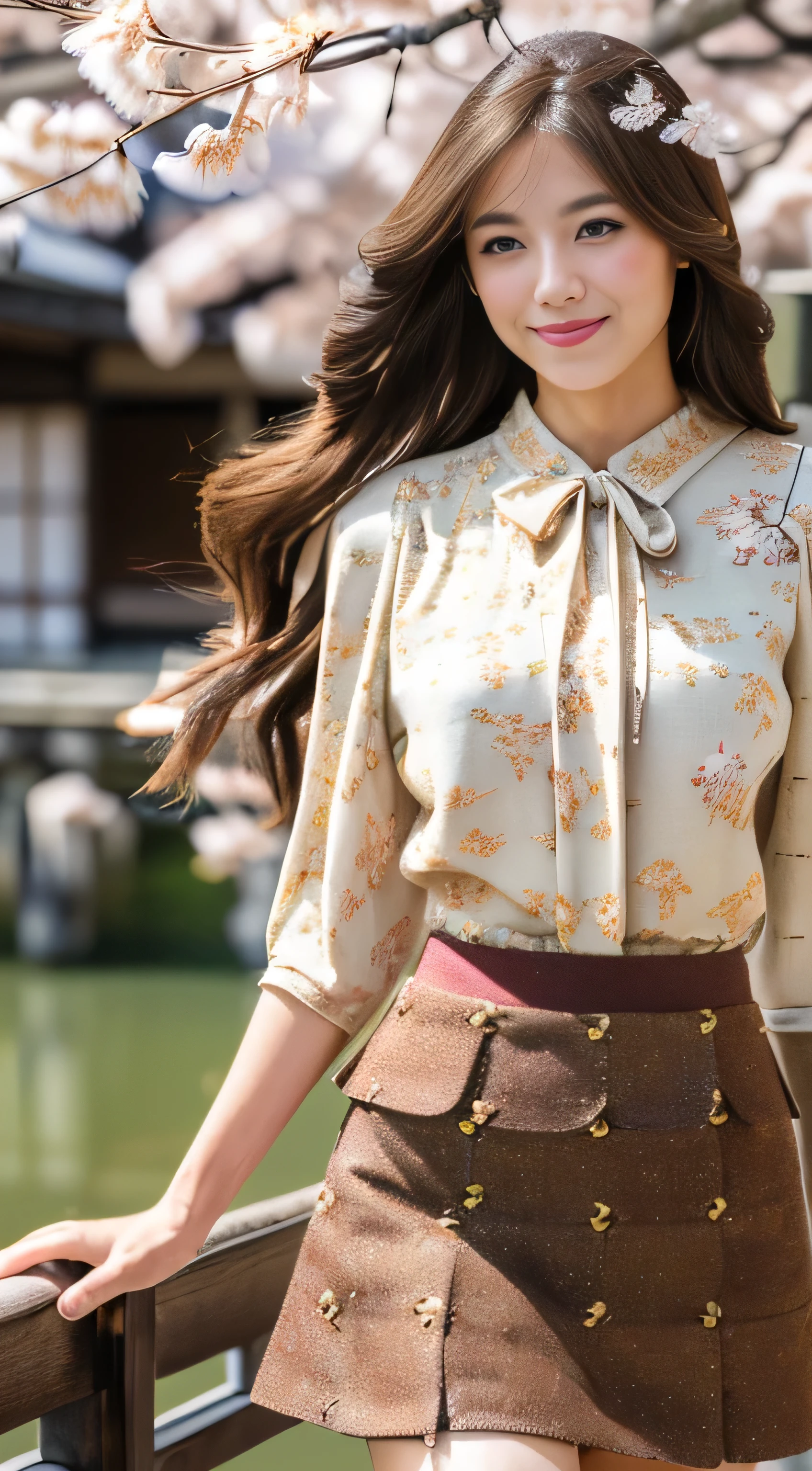 ((highest quality, 4K, masterpiece: 1.3)), Beautiful woman with perfect figure: 1.4, (Abdominal muscles, Developed hand muscles: 1.2), Light brown hair, Highlighted Hair、Fashionable blouses、Fashionable skirts, Highly detailed face and skin texture, Detailed eyes, double eyelid､((wearing Floral blouse_Brown tweed mini skirt:1.3)),((Long straight hair_Hair reaching down to the waist:1.3))((full figure supermodel standing, entire body in frame:1.4)((walking in Kyoto with cherry blossoms:1.4))((A shy smile:1.3)),