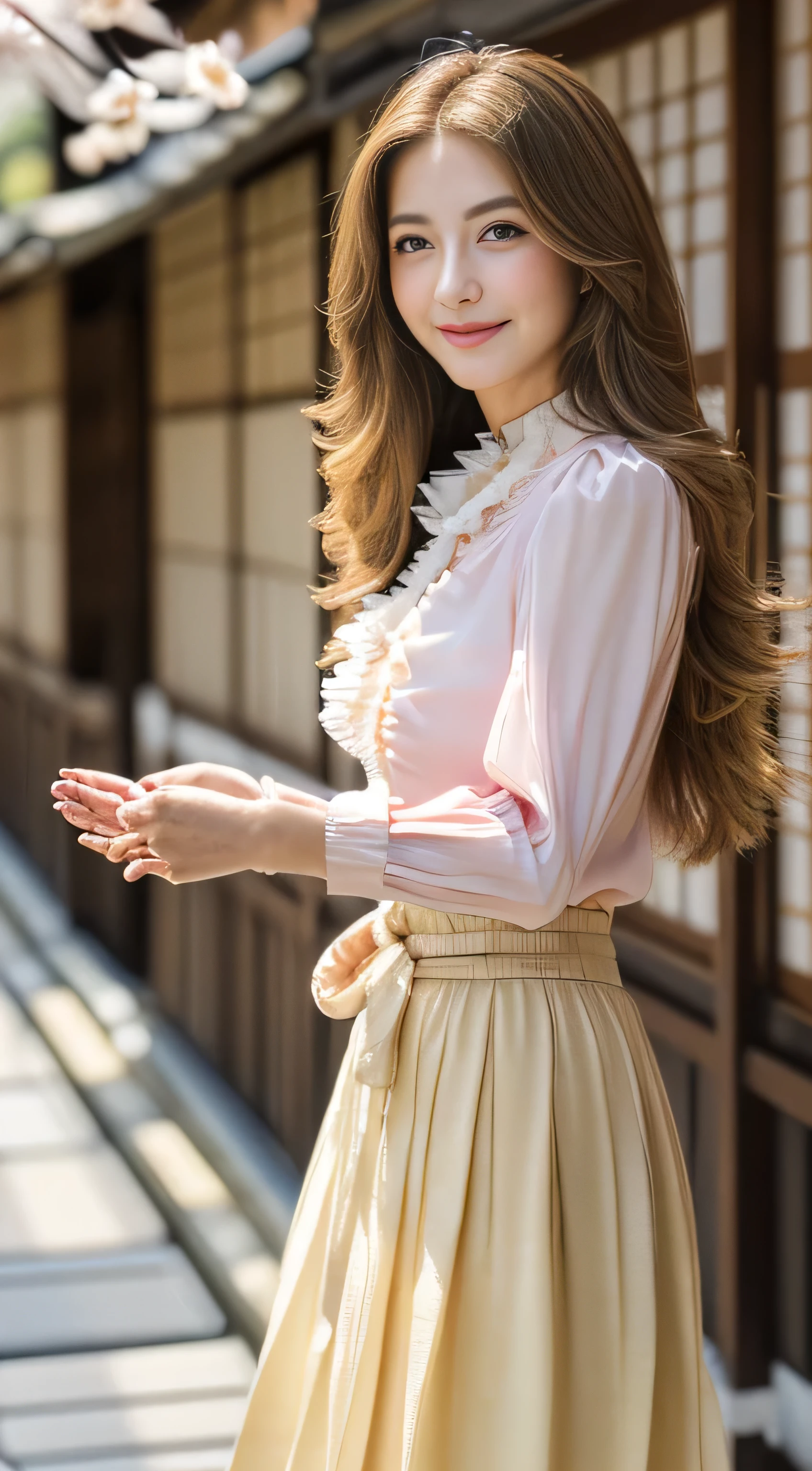 ((highest quality, 4K, masterpiece: 1.3)), Beautiful woman with perfect figure: 1.4, (Abdominal muscles, Developed hand muscles: 1.2), Light brown hair, Highlighted Hair、Fashionable blouses、Fashionable skirts, Highly detailed face and skin texture, Detailed eyes, double eyelid､((wearing pure white blouse_Brown pleated long skirt:1.3)),((Long straight hair_Hair reaching down to the waist:1.3))((full figure supermodel standing, entire body in frame:1.4)((walking in Kyoto with cherry blossoms:1.4))((A shy smile:1.3)),