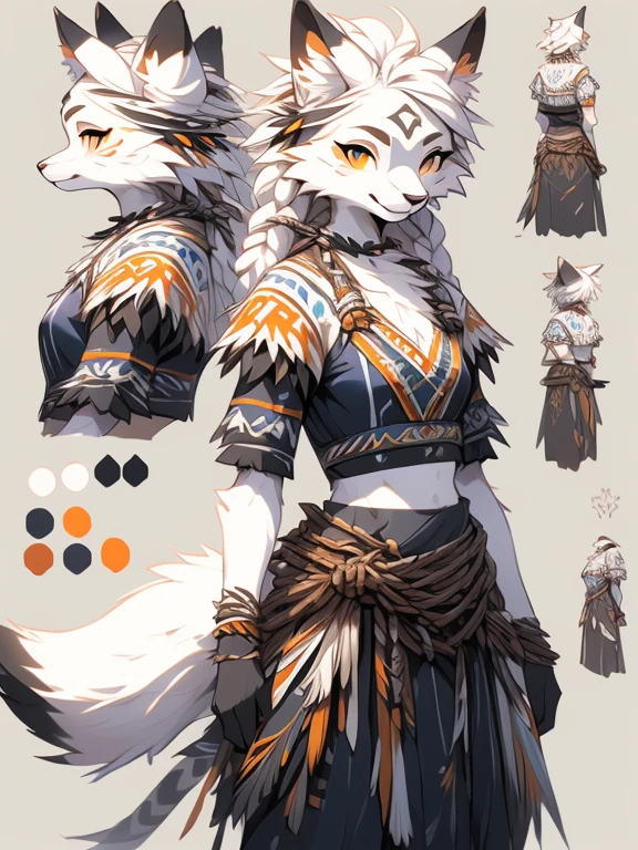( Absurdly , High quality , ultra detailed ) ,( hand detailed ) , 1girl, solo, mature, (concept art, character sheet), absurdres(highly detailed beautiful face and eyes)perfect anatomy Solo, sfw, Young Female white fox-cat (((lean-body))) (((breasts))) (short snout),(((fur (black stripe) between neck and shoulder towards chest))) ((fur (black stripes) on waist))(ears are darker), (heterochromia (orange, violet)), (cat tail (black at end)), (white hair (single-braided)), (fantasy adventure type clothing ((violet shirt (crop top))), (navy-blue belt) khaki pants)), happy ((looking at viewer)) ((Female wolf)) (detailed eyes) (clevedge, (collarbone, shoulders), (solo, (1girl)) ((((fluffy white fur)))) ((extremely detailed fur)) (violet crop top) ((hair in face)) (big braid), sfw, (thin long tail) (heterochromia) (extremely detailed eyes) joyful (((concept art, character sheet, (multiple views)))) ((adventure fantasy, snow tribal clothing)) (strands of hair in face) (snow tribe clothing) (motherly figure) (small baby bump)