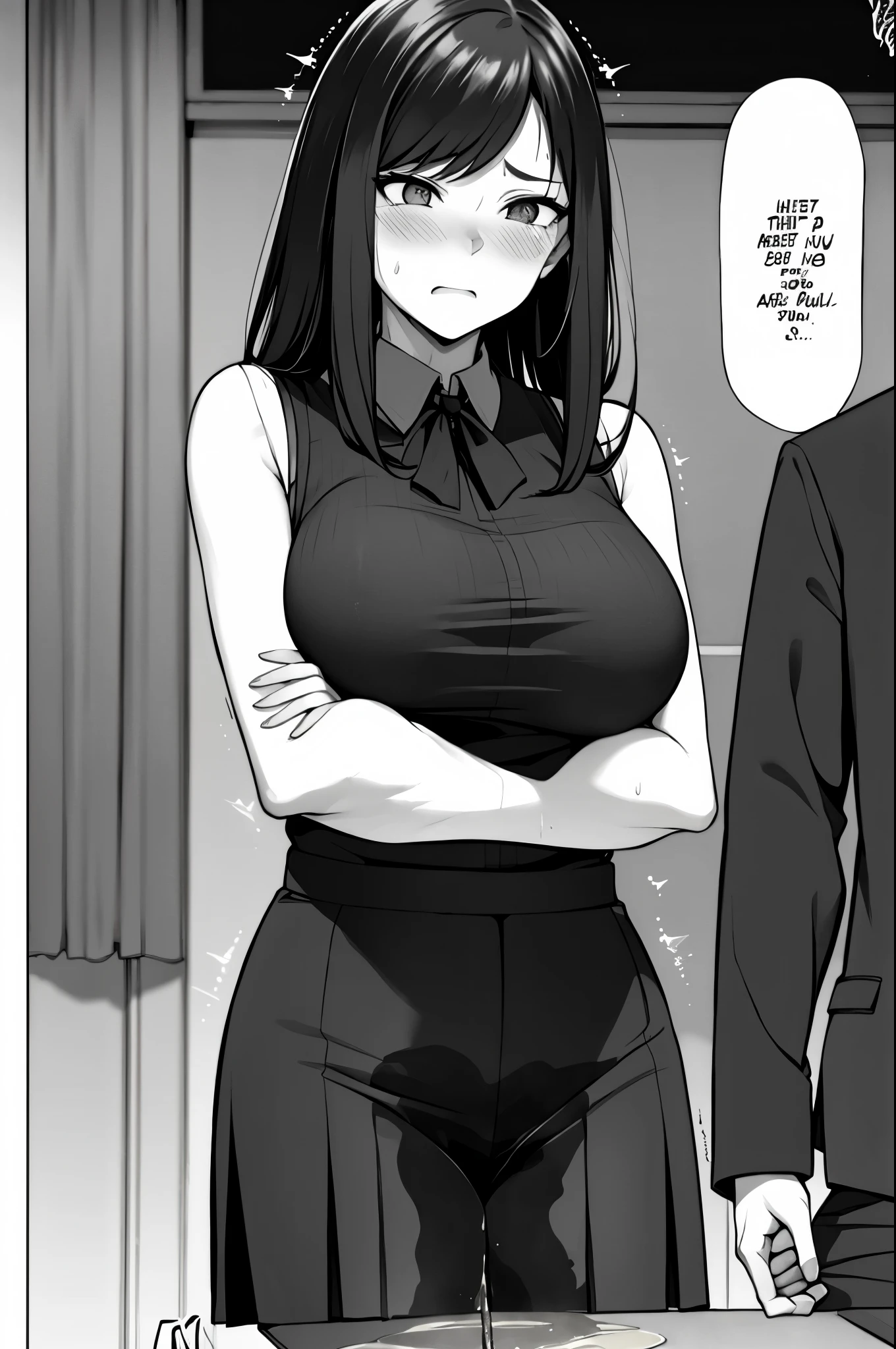 A woman with long black hair, wearing a business outfit consisting of a suit, pencil skirt, and pantyhose, stands in a monochrome setting. The artwork is inspired by manga and incorporates a doujin style. The woman appears to be (wetting herself:1.5), which causes her to feel embarrassed and humiliated, resulting in a blush on her face. In addition, there is an air of anger in her expression. The lighting in the scene is moody, with a spotlight highlighting the woman's figure. She is crossing her arms, (arms crossed:1.5), fully showcasing her skirt., medium breasts