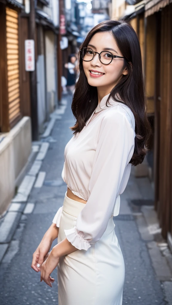 ((Top Quality)), ((8K)), ((Masterpiece: 1.3)), (Perfect Appearance), (Photorealism: 1.6), (Japanese woman standing in an old Japanese townscape: 1.6), (Kyoto), (clear background), japanese woman, (48 years old), ((Standing upright, facing forward, center of screen)), ((Realistic skin texture)), (Fine wrinkles throughout the skin: 1.3), (Dull skin: 1.1), (Skin without moisture: 1.2) , (Wrinkles on the face: 0.9), (Wrinkles on the corners of the eyes: 1.2), Double eyelids, tear bags on the lower eyelids, (Crying moles: 0.9), The eyes are looking here, serious gaze, (Dimples: 1.2), (round glasses with elaborate metal frames), smile with the corners of the mouth raised wide, straight medium length, soft fabric blouse, (through white blouse: 1.3), (Plump and glamorous body), (wide sleeves), (Cuffs that fit your wrist), (The hem of the blouse is tucked into the skirt: 1.2), flare skirt, high heels, (focus on upper body: 1.3), (low angle: 1.4),
