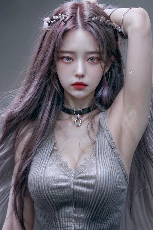 1girl,close up,potrait, pink long hair,hazel eyes,smirk,earings,collar,collar bone,grey cloth,big bosom,armpit(HD,ULTRA HD,SUPER DETAIL,HDR,16K,UNREAL ENGINE)