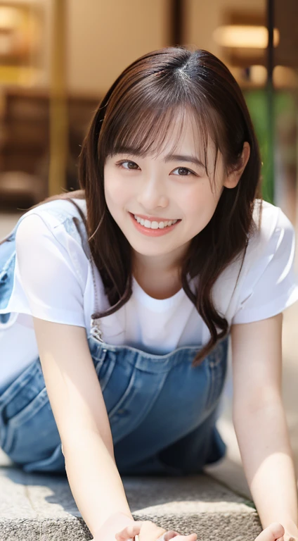 Beautiful, clear white skin、Full Body Shot、Beautifully detailed face、1 Japanese female、Adorable smile、highest quality、Very delicate and beautiful 8K、Very high resolution、Beautiful detailed girl、Realistic、Portrait、On all fours、I can see your chest、Oversized T-shirt、Shorts