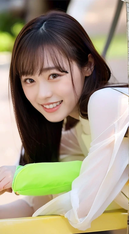 Beautiful, clear white skin、Full Body Shot、Beautifully detailed face、1 Japanese female、Adorable smile、highest quality、Very delicate and beautiful 8K、Very high resolution、Beautiful detailed girl、Realistic、Portrait、On all fours、I can see your chest、Oversized T-shirt、Shorts