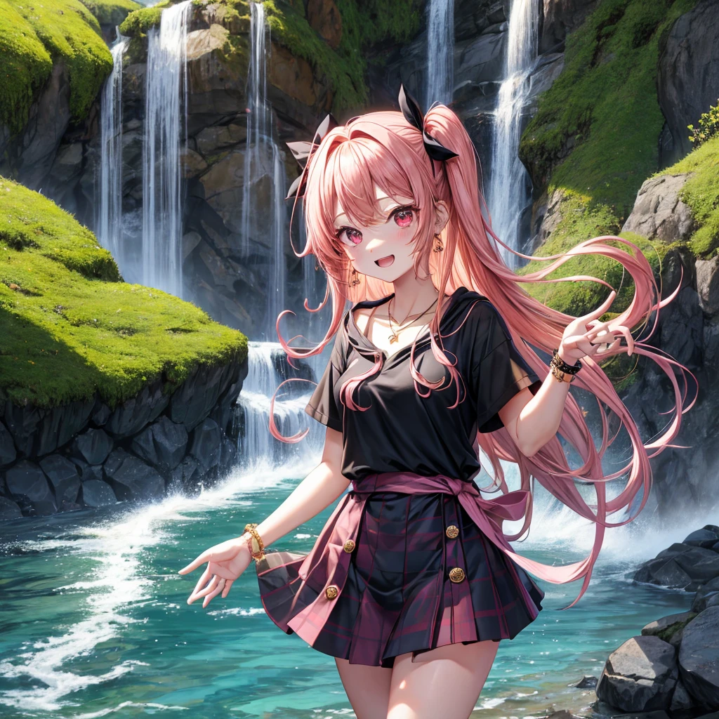 Pink gold golden hair、Red eyes、One good looking girl、solo、anime、Checkered mini skirt、The skirt has buttons、Black camisole、Black T-shirt、hoodie、Wearing a ribbon、Ribbon on waist、Crystal Earrings、Gemstone Necklace、Light and shadow、Tilting face、Teeth are visible、waterfall、waterfallの裏側、tunnel、Sunset sky、moss、isolated island、Hell's Gate、Lantern、Blue flame