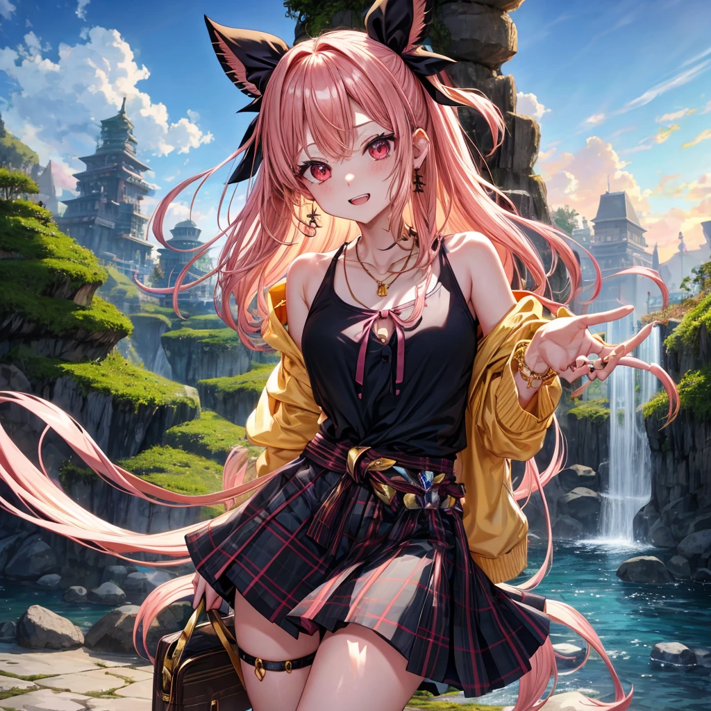 Pink gold golden hair、Red eyes、One good looking girl、solo、anime、Checkered mini skirt、The skirt has buttons、Black camisole、Black T-shirt、hoodie、Wearing a ribbon、Ribbon on waist、Crystal Earrings、Gemstone Necklace、Light and shadow、Tilting face、Teeth are visible、waterfall、waterfallの裏側、tunnel、Sunset sky、moss、isolated island、Hell's Gate、Lantern、Blue flame
