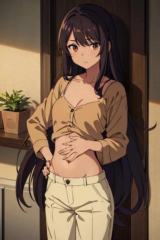 ((best quality)), ((masterpiece)), perfect face, brown skin anime girl in a button-up cami Top, (trousers), famished in hunger, (gently resting hands on stomach), (long hair), (hands on her stomach)