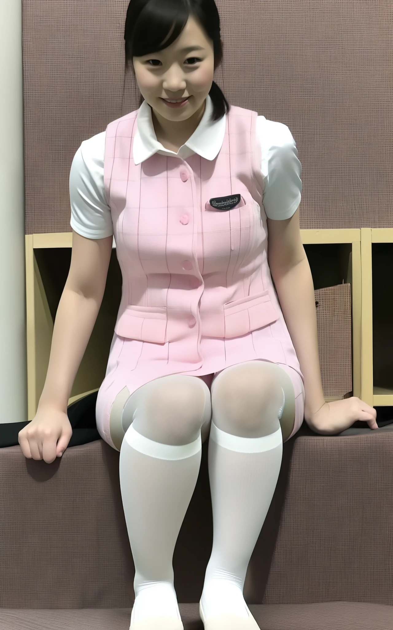 masterpiece, best quality, realistic, 1girl,solo,25 years old,plaid vest, pink skirt,white shirt,short sleeves, sitting,black pantyhose,office-lady