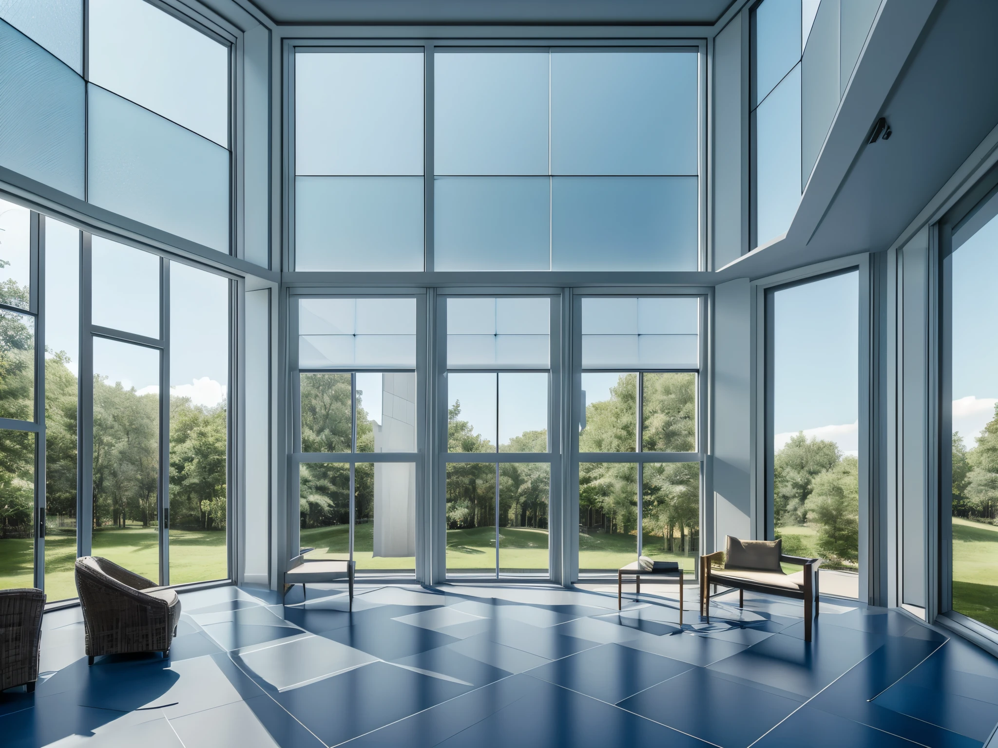 A luxurious interior space with a (((large glass window))), its panes composed of intricate ((square and hexagonal tessellations)) that create a softly diffused light that filters through into the room, giving off a delicate, weak (transparent blue glow)