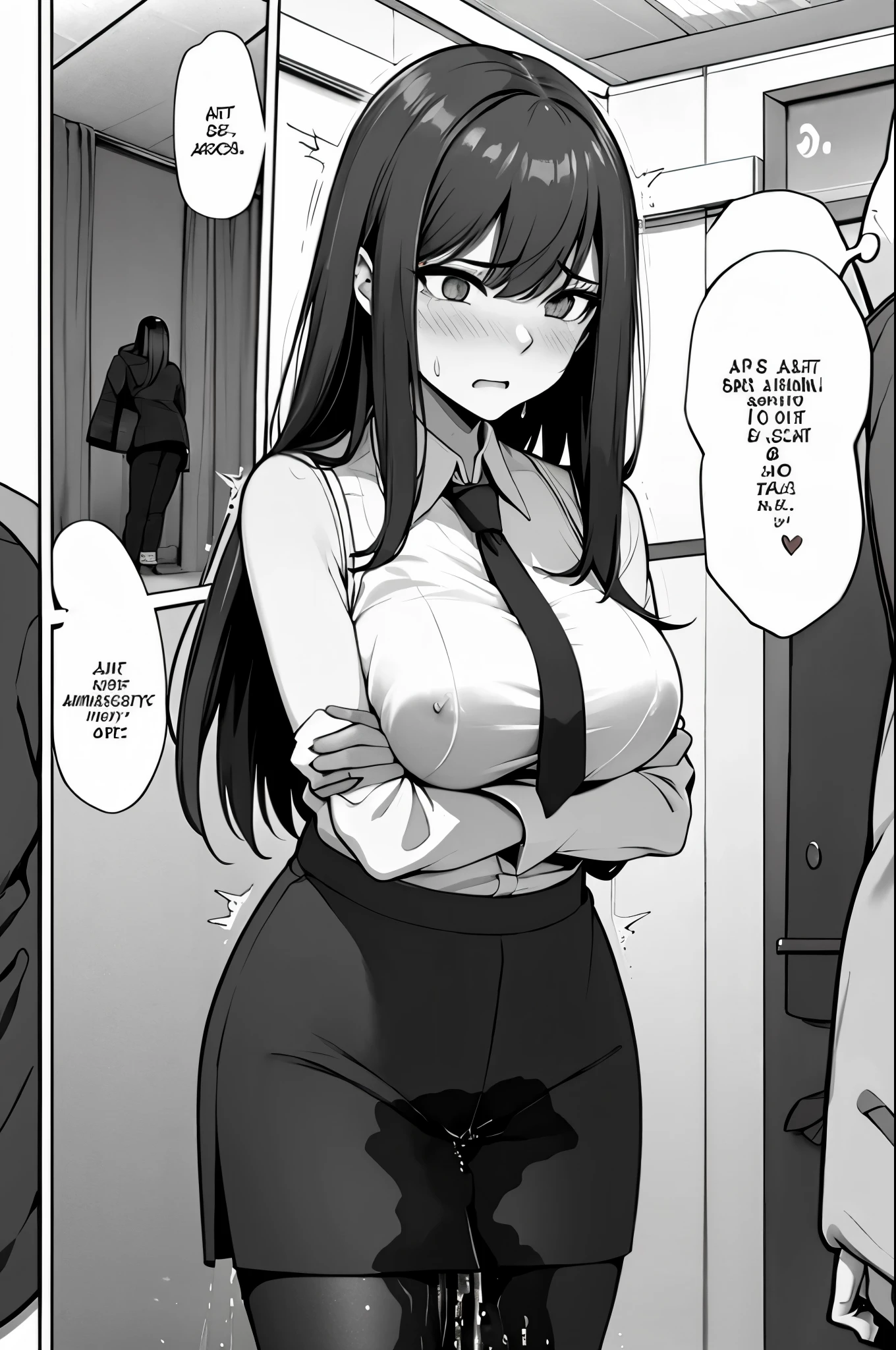 A woman with long black hair, wearing a business outfit consisting of a suit, pencil skirt, and pantyhose, stands in a monochrome setting. The artwork is inspired by manga and incorporates a doujin style. The woman appears to be (wetting herself:1.5), which causes her to feel embarrassed and humiliated, resulting in a blush on her face. In addition, there is an air of anger in her expression. The lighting in the scene is moody, with a spotlight highlighting the woman's figure. She is crossing her arms, (arms crossed:1.5), fully showcasing her skirt., medium breasts