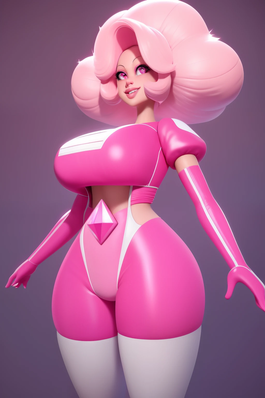 pnkdamond, pink hair, pink eyes,  big hair,  stomach gem,  pink skin,  toned, 
puffy short sleeves, elbow gloves ,  white thighhighs,   puffy dress, 
standing, upper body, 
 outerspace,  
(insanely detailed, beautiful detailed face,beautiful detailed eyes, masterpiece, best quality) cinematic lighting,  smile, 
 