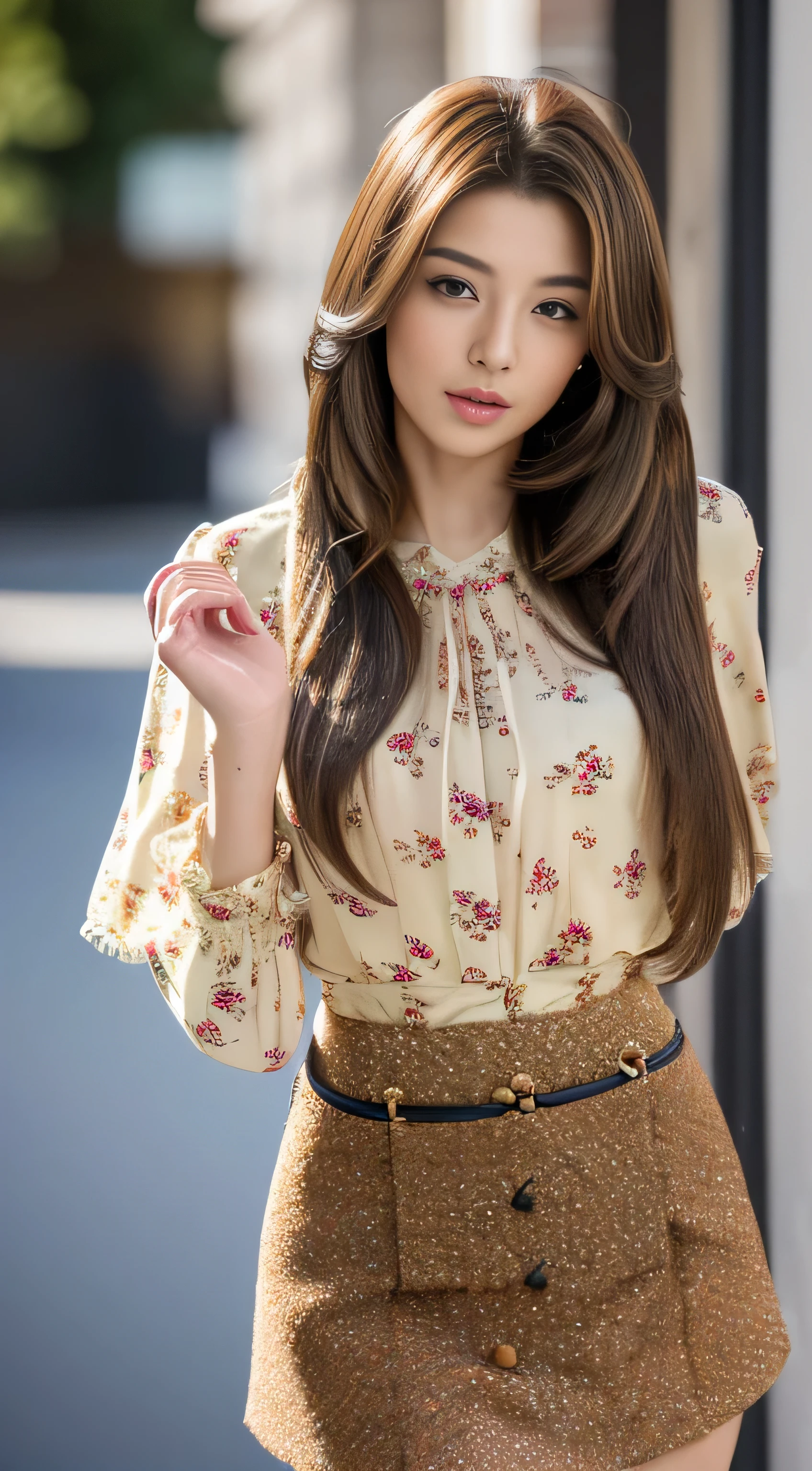 ((twinsies:1.3)), ((highest quality, 4K, masterpiece: 1.3)), Beautiful woman with perfect figure: 1.4, (Abdominal muscles, Developed hand muscles: 1.2), Light brown hair, Highlighted Hair、Fashionable blouses、Fashionable skirts, Highly detailed face and skin texture, Detailed eyes, double eyelid、((wearing Floral blouse_Brown tweed mini skirt:1.3)),((Long straight hair_Hair reaching down to the waist:1.3))((full figure supermodel standing, entire body in frame:1.4)