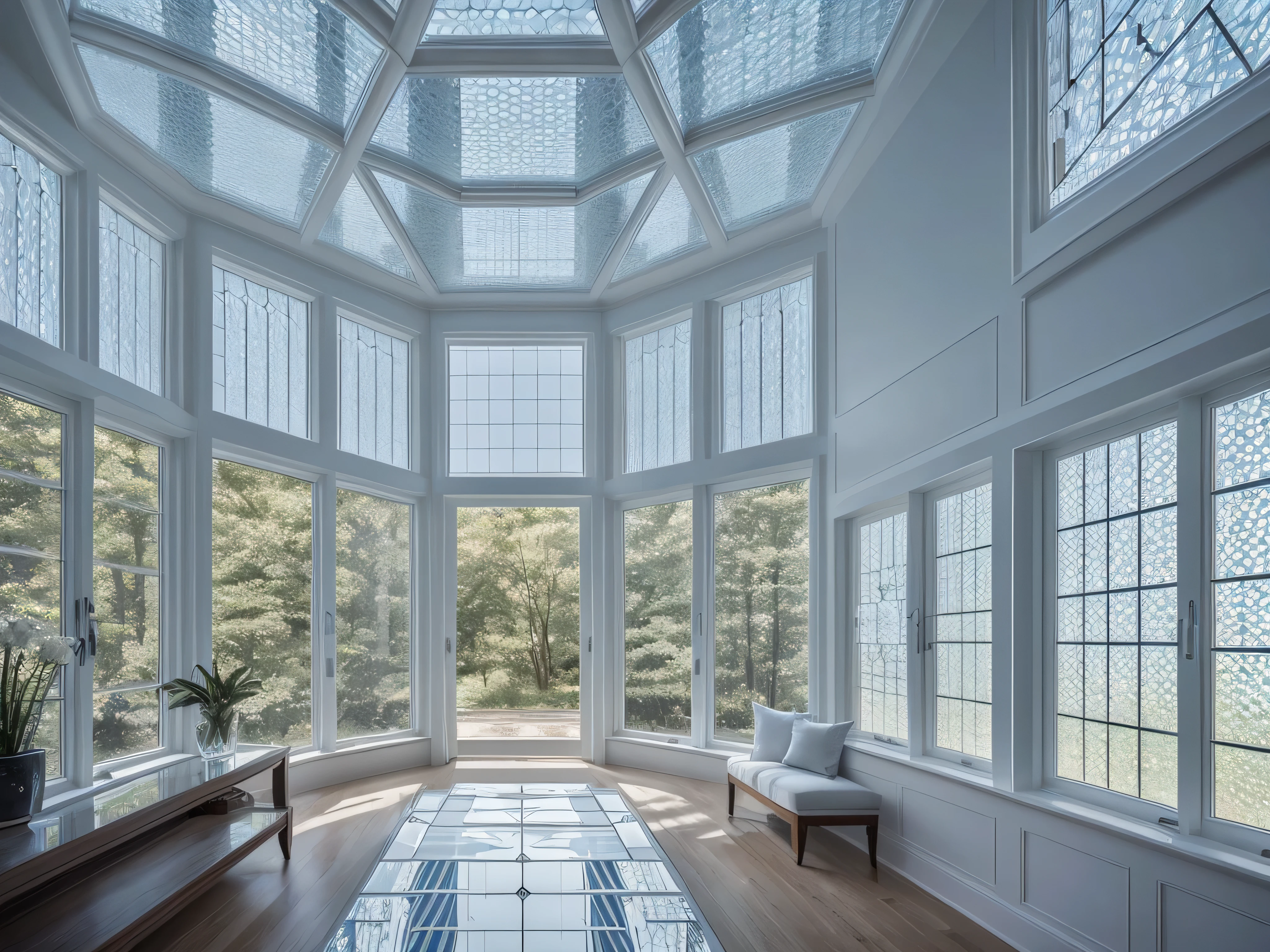 A luxurious interior space with a (((large glass window))), its panes composed of intricate ((square and hexagonal tessellations)) that create a softly diffused light that filters through into the room, giving off a delicate, weak (transparent blue glow)
