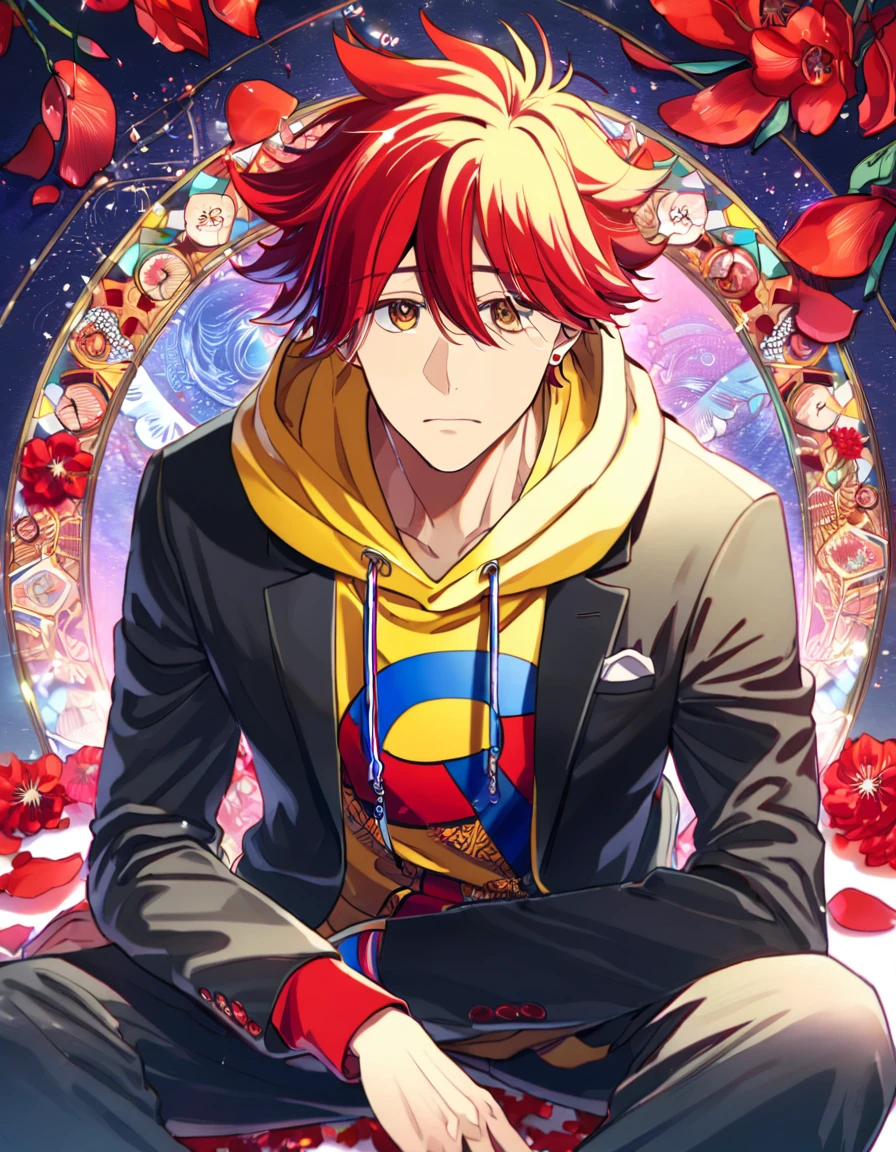 Ultra detailed, Highres, absurdres, HDR, Kyan Reki, red hair, master piece, expressive brown eyes, Sk8 the infinity, blue band, red flowers, red ice, petals, extremely handsome, sexy man, perfect face, solo, very detailed eyes and face, red glass, glittering, patterns, yellow hoddie, black jacket, black pants,