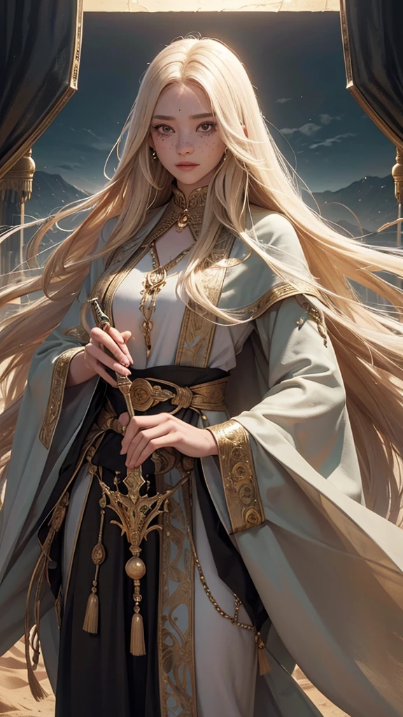 Young girl, effeminate face, witch, very long light blond hair, freckles, large black eyes, brown skin,
Japanese , oriental, desert, marble castle, detailed face, detailed eyes, detailed hair, greenery,
full body, desert greenery, desert plant, wind, magic wand, Arab city.