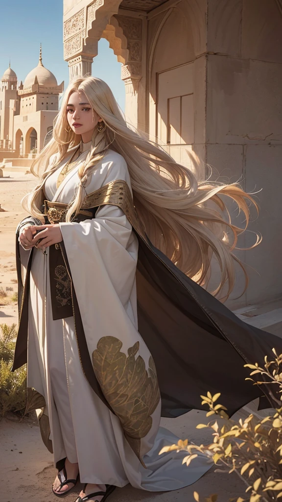 Young girl, effeminate face, witch, very long light blond hair, freckles, large black eyes, brown skin,
Japanese , oriental, desert, marble castle, detailed face, detailed eyes, detailed hair, greenery,
full body, desert greenery, desert plant, wind, magic wand, Arab city.