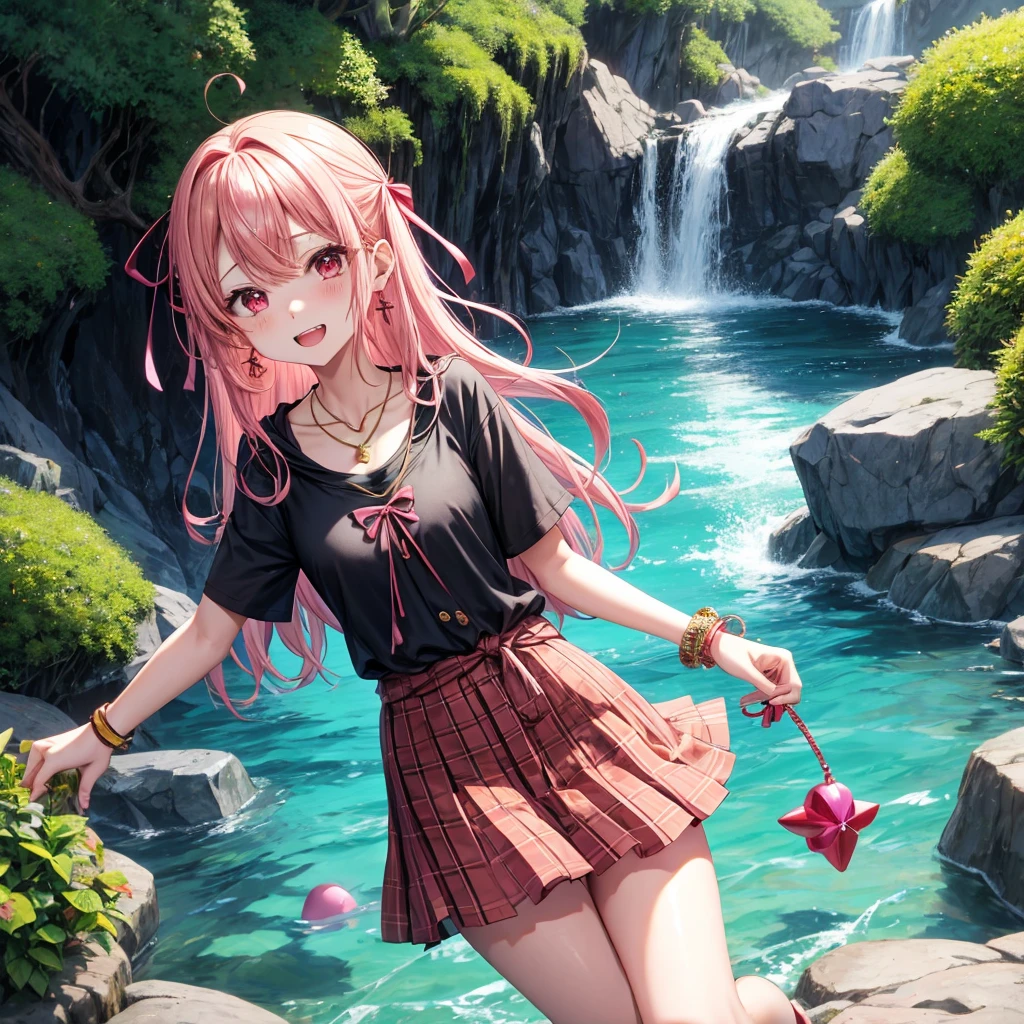 Pink gold golden hair、Red eyes、One good looking girl、solo、anime、Checkered mini skirt、The skirt has buttons、Black camisole、Black T-shirt、hoodie、Wearing a ribbon、Ribbon on waist、Crystal Earrings、Gemstone Necklace、Tilting face、Teeth are visible、waterfall、waterfallの裏側、tunnel、Sunset sky、moss、isolated island、Hell&#39;s Gate、Lantern、Blue flame